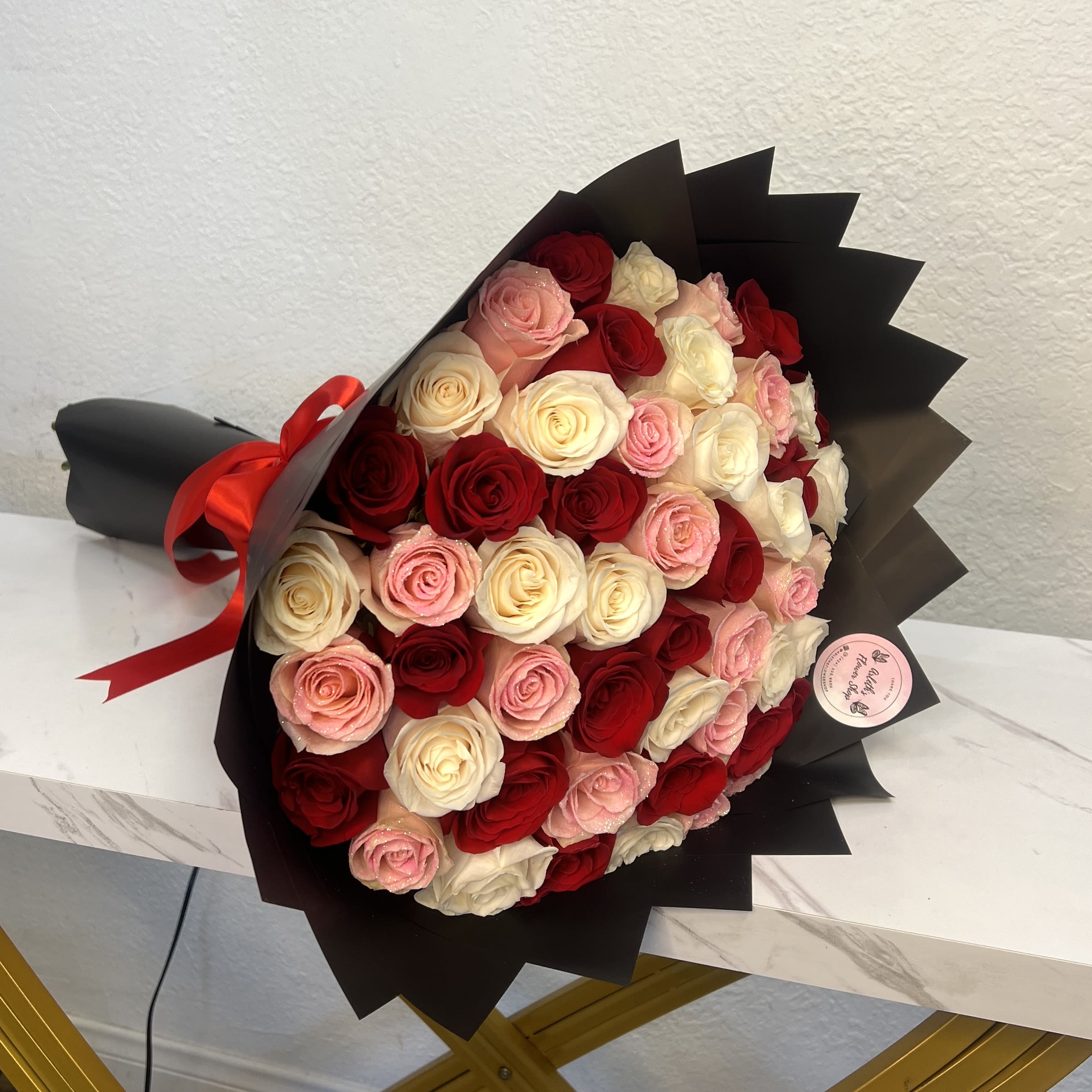 50 Roses - White, Red, And Pink With Glitter And Black Wrapping Paper - Buyer will receive 50 Roses in total