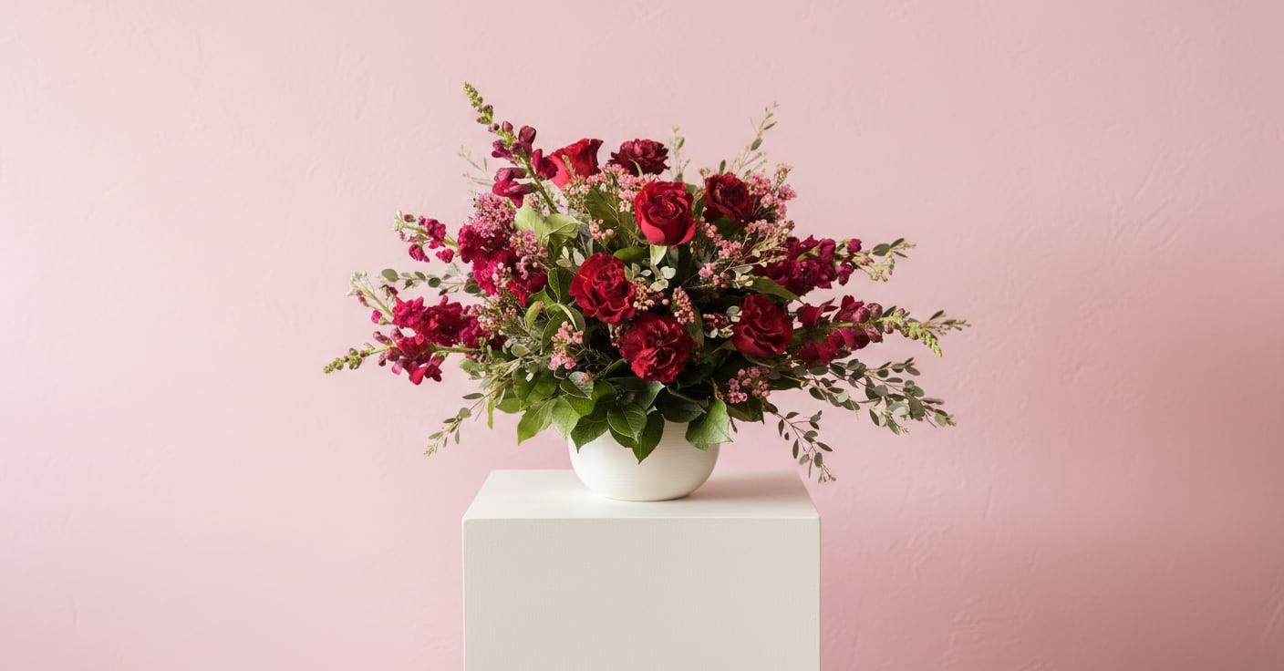 Amore Mio - Styled arrangement in predominantly red blooms with hues of burgundy and fuschia. Perfect for Valentine's Day to make anybody around the recipient jealous. Send Amore Mio ! ~ "My Love" ~