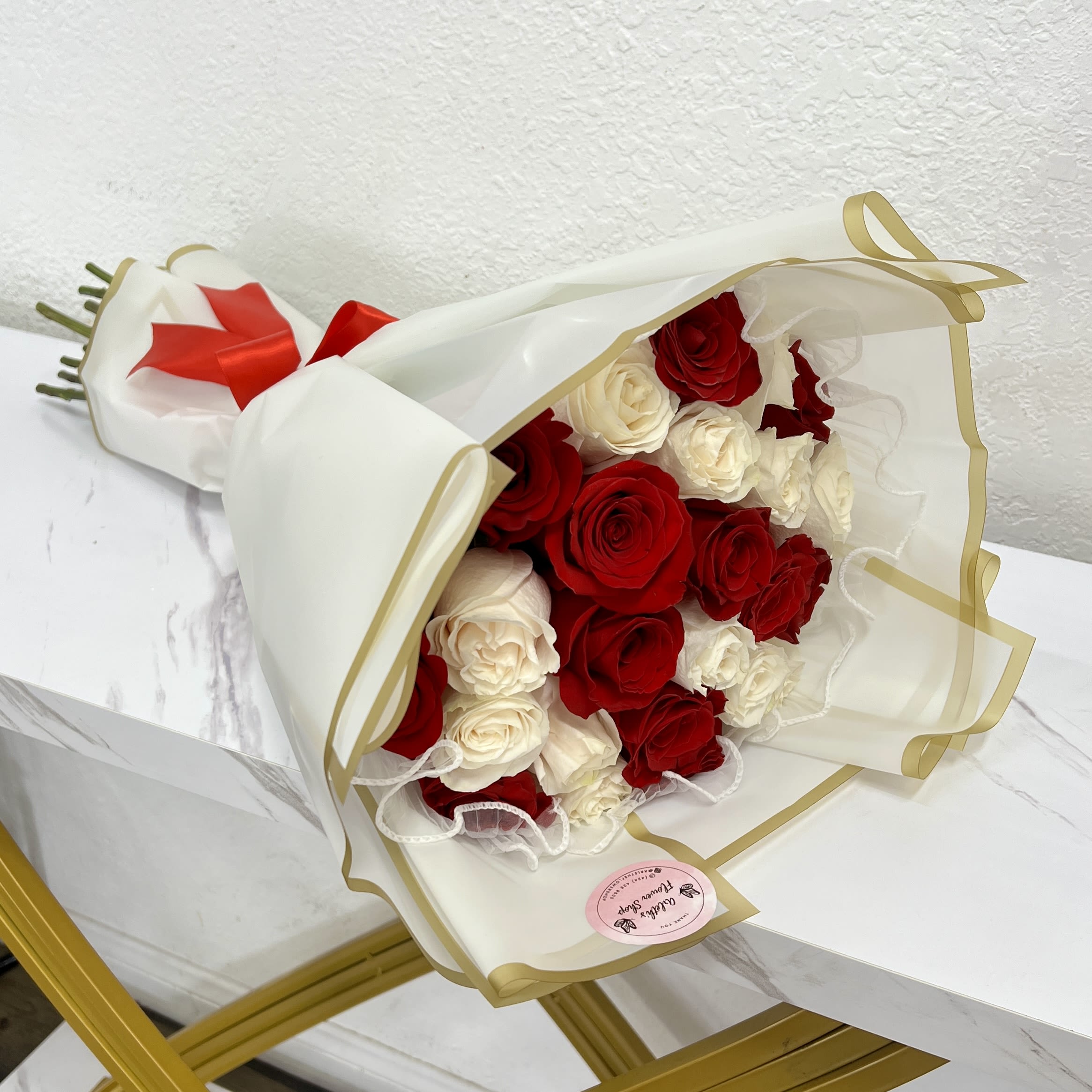 25 Roses - Red And White Bouquet With White Wrapping Paper  - Buyer will receive 25 Roses in total