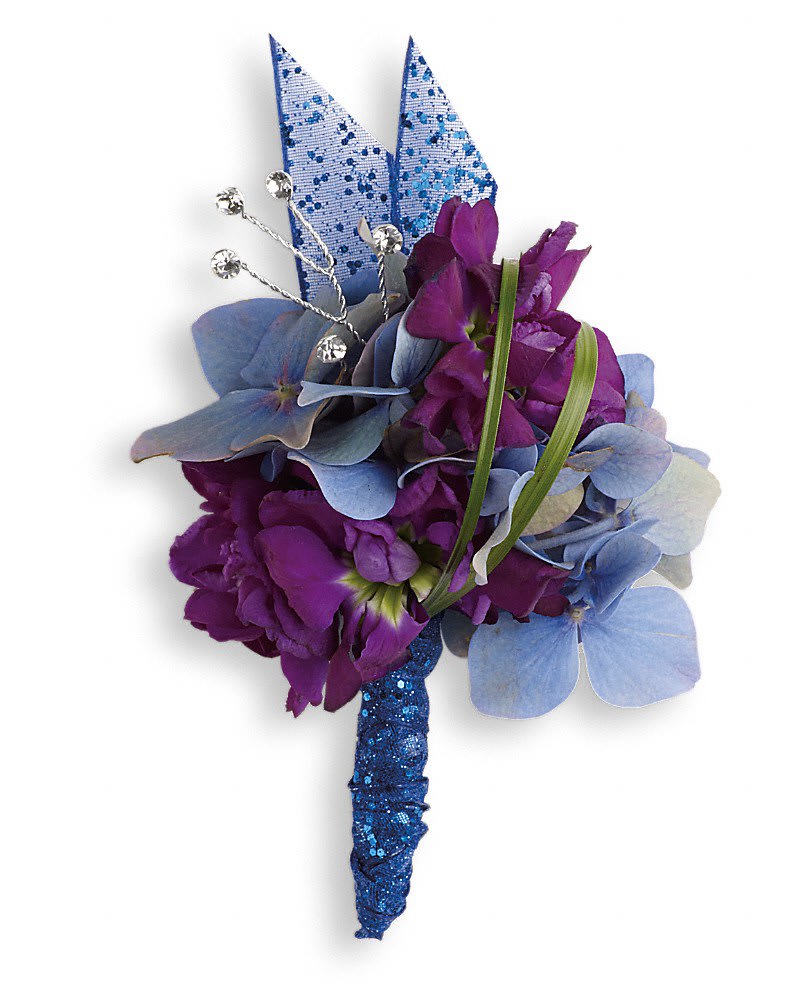 Feel The Beat Boutonniere - Deep shades of blue hydrangea and purple stock echo the beat of the bass line. Blue hydrangea, purple stock and bear grass with rhinestone touches.