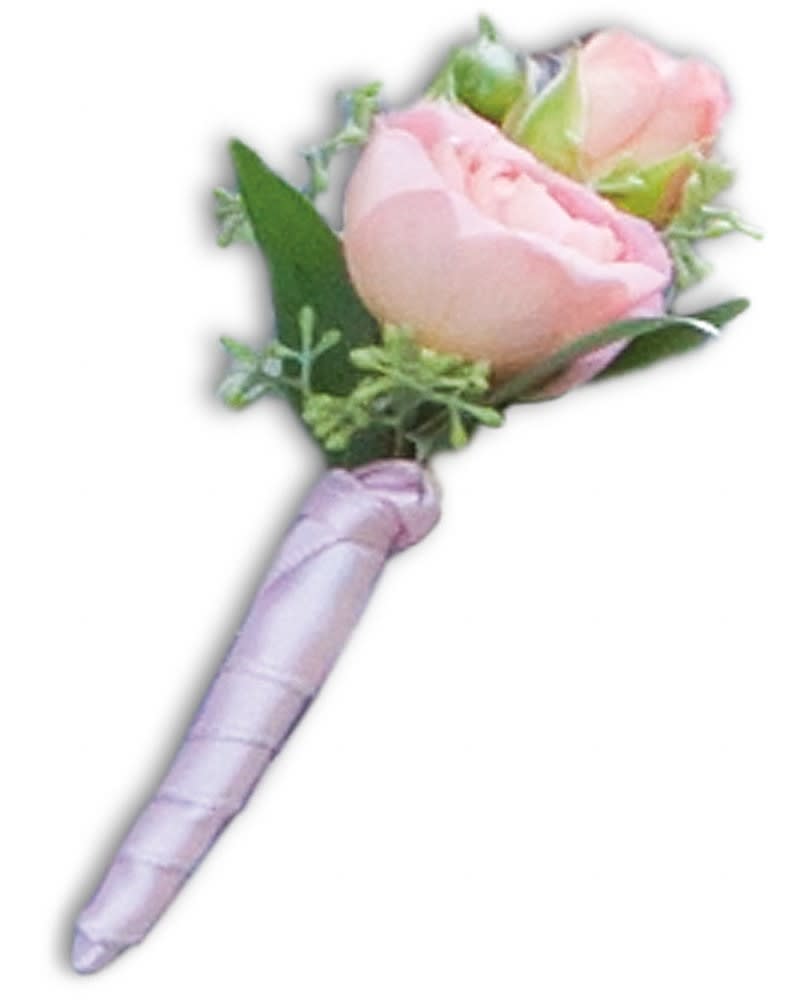 My First Boutonniere - The finishing touch for the handsome little fellow: a single coral rose accented with seeded eucalyptus and Italian ruscus. Coral rosebuds, seeded eucalyptus and Italian ruscus presented in a pink satin ribbon.