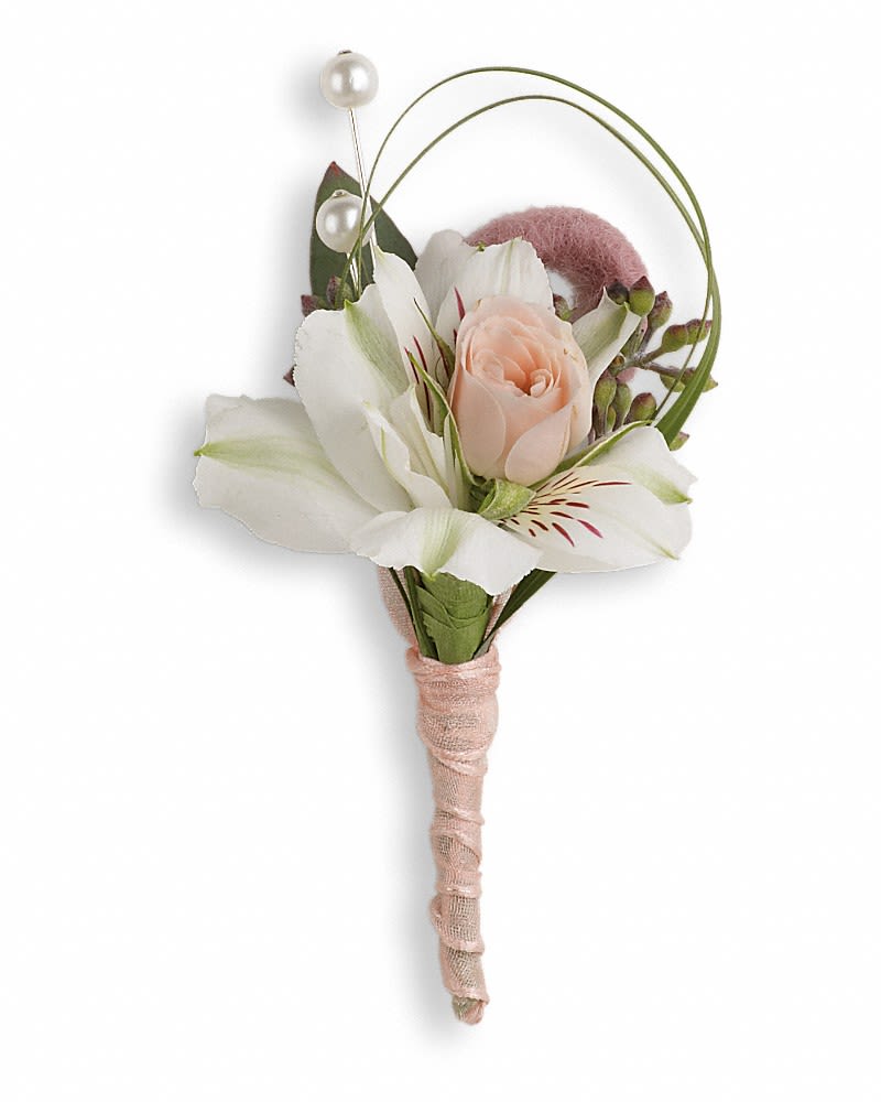 Call Me Darling Boutonniere - The essence of old-school romance, with pale pink roses and pure white alstroemeria. Light pink spray roses and white alstroemeria.