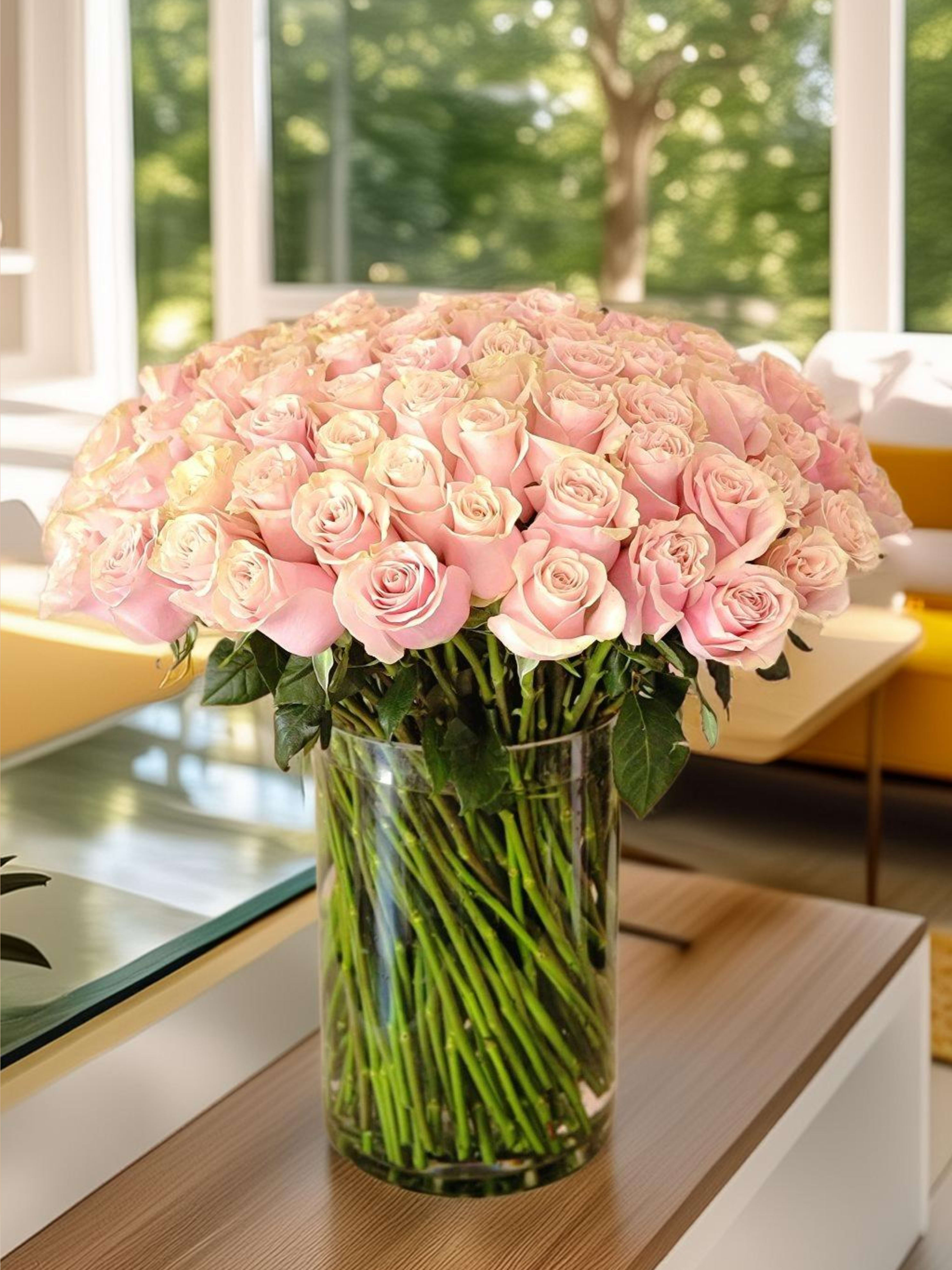 Pink Mondial Roses - Pink roses are a symbol of tenderness, elegance and sophistication. A bouquet of these beautiful flowers expresses gratitude, sympathy and tender emotions. This arrangement will be a great decoration for the interior of your home.