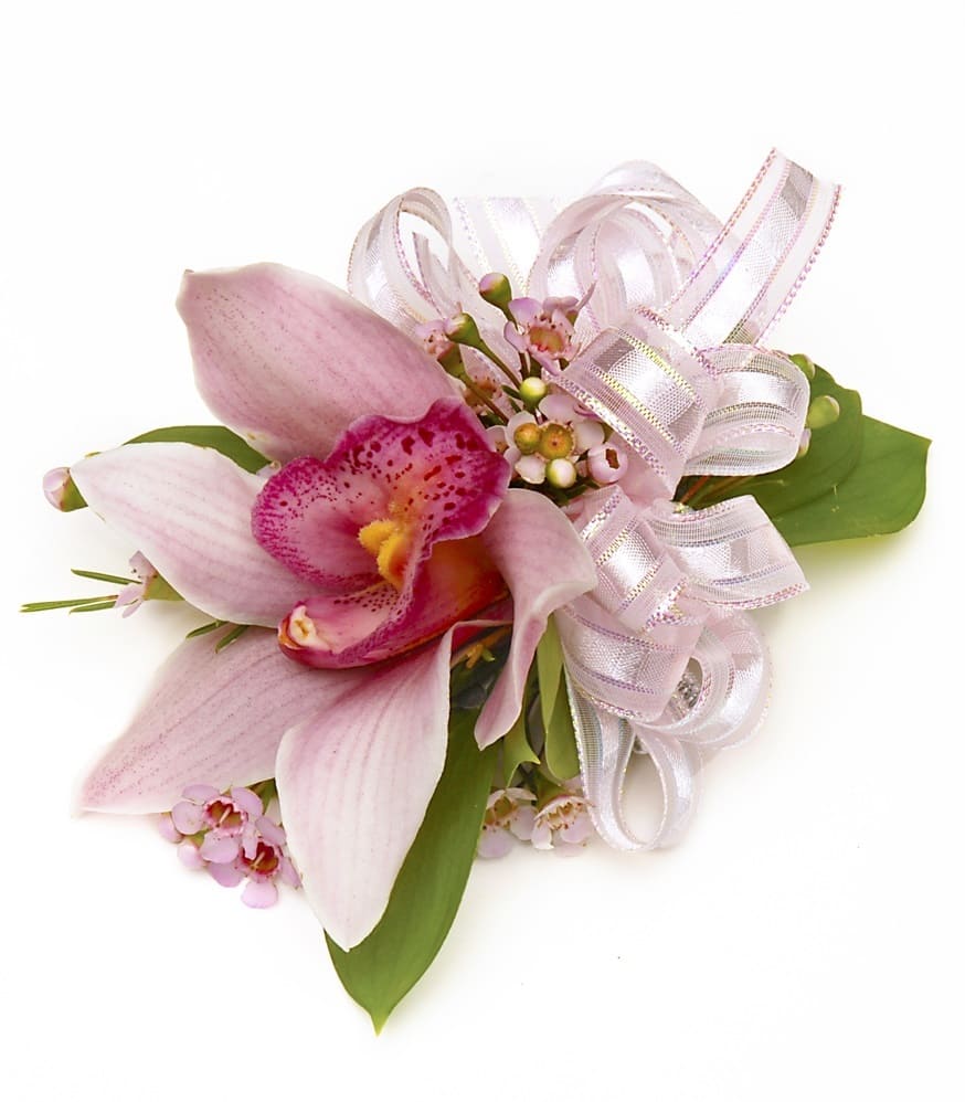 Pink cymbidium orchid corsage with tiny pink blossoms and a sheer pink ribbon bow.