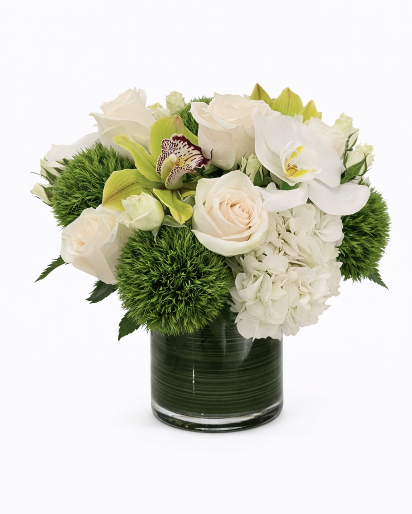 Angel touch - Soft and classic touch of white and green roses, hydrangeas , cymbidium in a glass cylinder