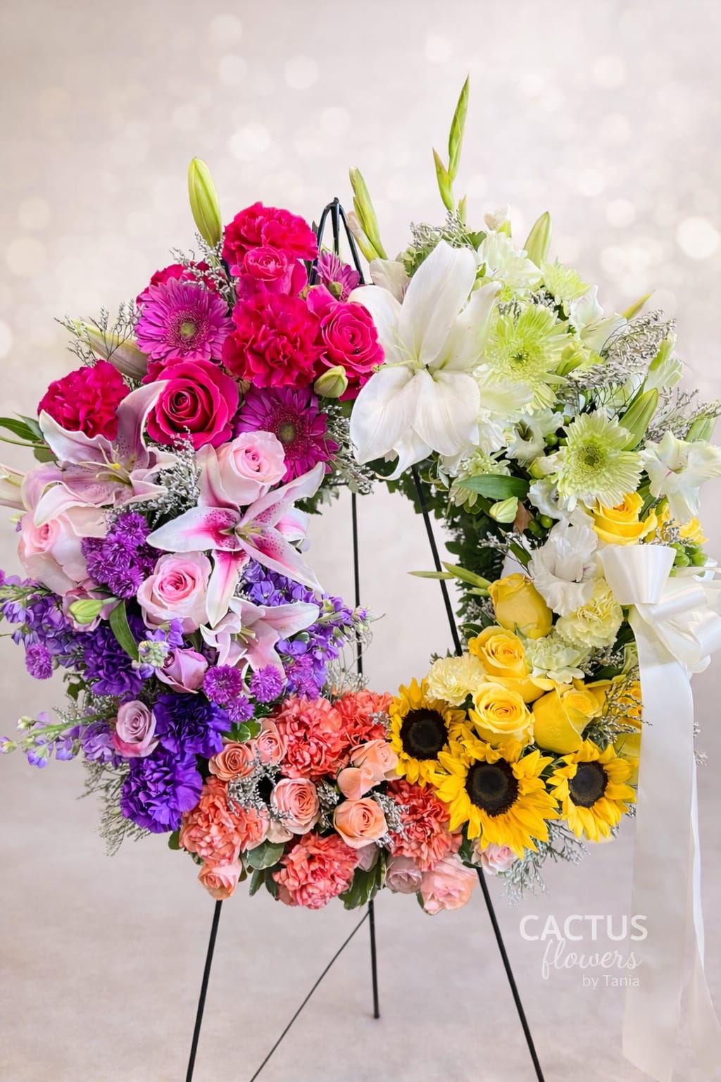 Radiant Celebration Wreath  - A vibrant and elegant standing wreath designed to celebrate a beautiful life.  This custom sympathy tribute features a stunning blend of premium blooms including pink and hot pink roses, lilies, gerbera daisies, purple stock, peach carnations, yellow roses, sunflowers, and fresh seasonal accents. Designed in a full circular form to symbolize eternity and everlasting love.  Handcrafted with care and artistic detail, this arrangement brings warmth, color, and meaning to memorial services and celebrations of life.  Mounted on an easel for display.  Designed and created exclusively by Cactus Flowers by Tania.