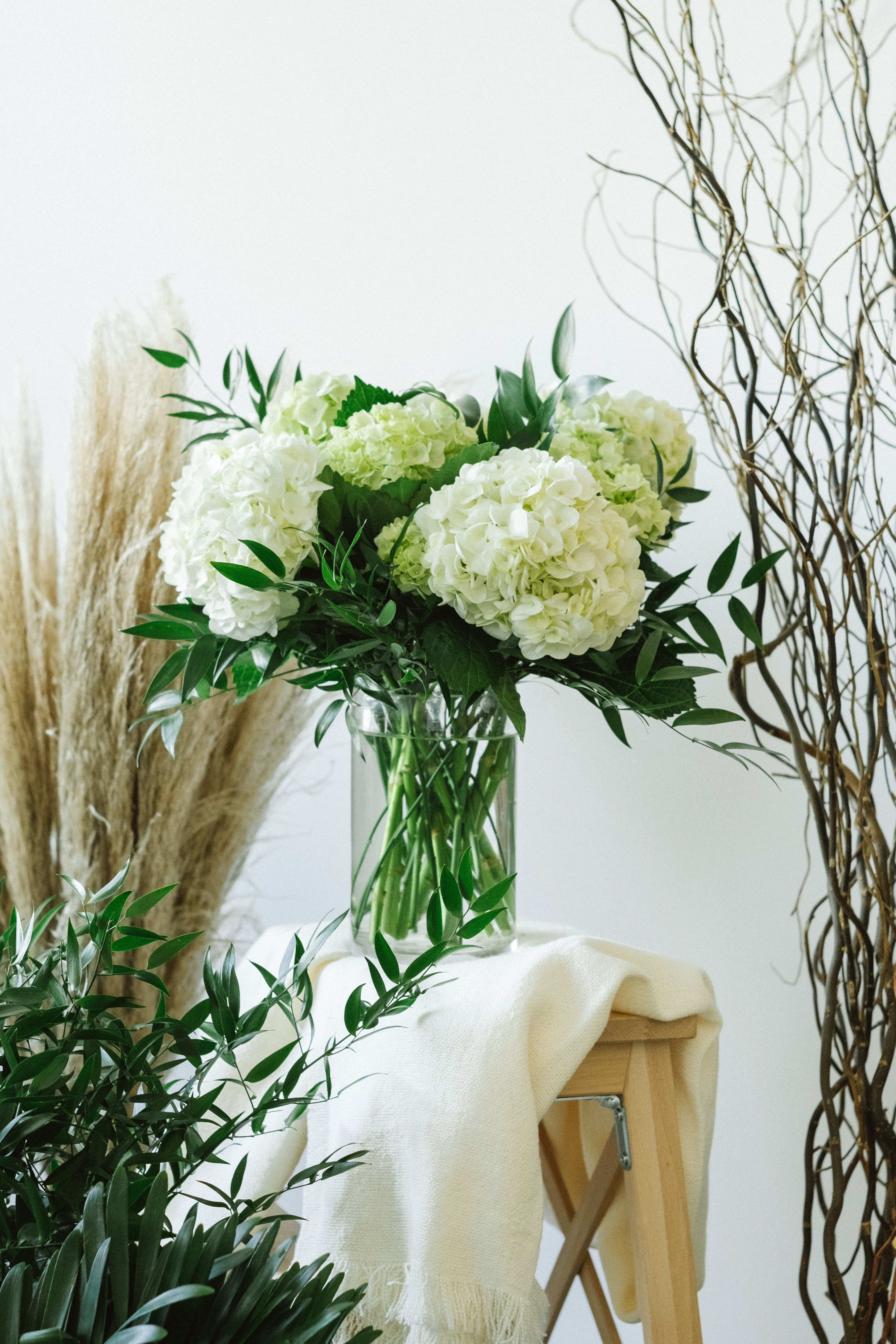 Hello Hydrangeas - Large cylinder heavy glass vase filled with a mixture of white hydrangeas, mini green hydrangeas and assorted greenery. 