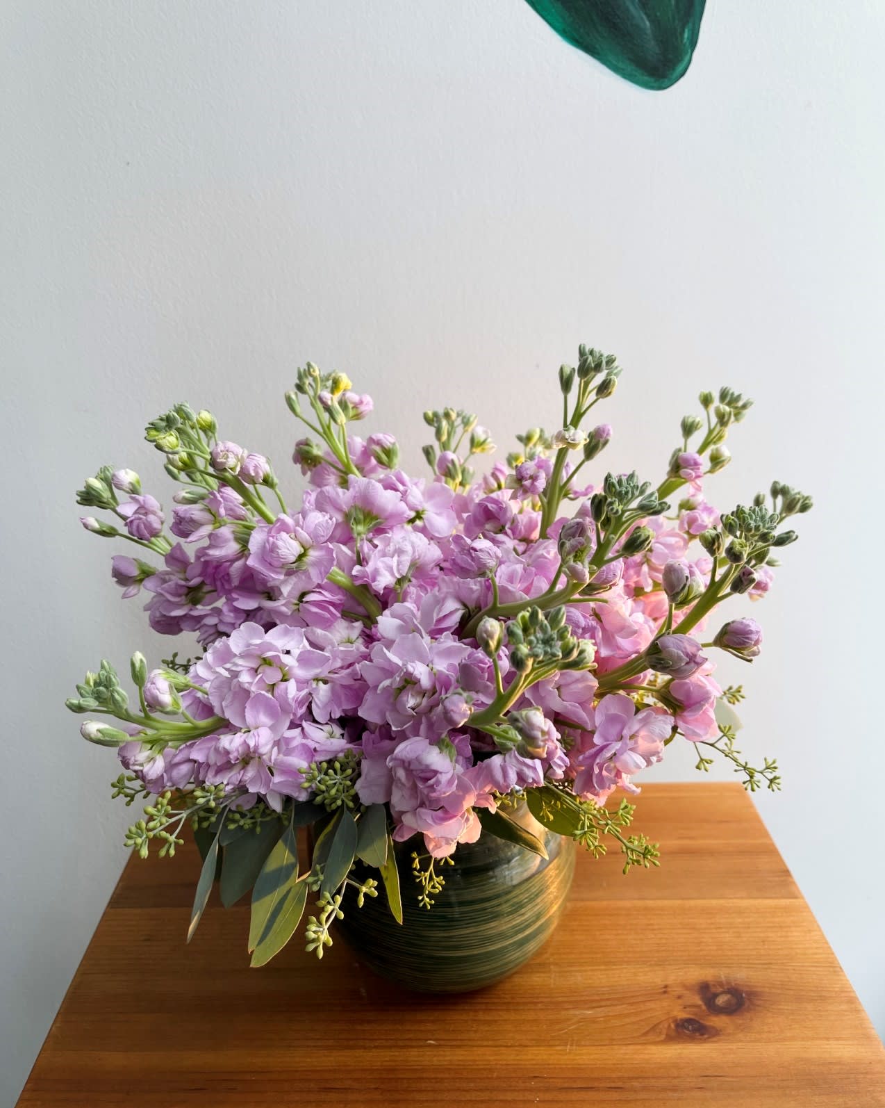 Heavenly Garden - Beautiful lavender, pink, and fuschia stock bunch in a 5" clear vase. Color depends on inventory. 