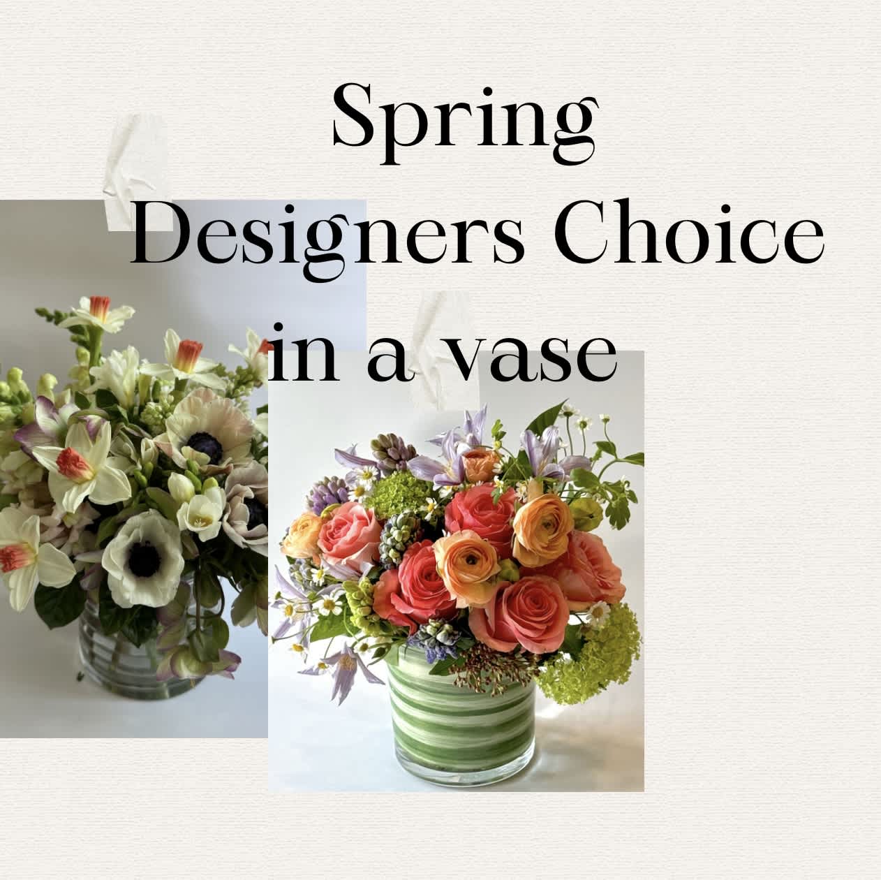 Spring designers choice in a vase  - Let pus talented team of designers help you create a unique floral piece for any occasion with out premium quality fresh seasonal blooms in a glass or ceramic vase.   