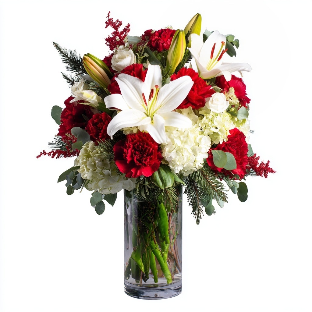 Scarlet Snowfall - Celebrate the season in classic holiday style with snowy white lilies, vibrant red carnations, and lush hydrangeas—all nestled among evergreen pine and pops of crimson. A festive bouquet that captures the joy of a winter’s day.