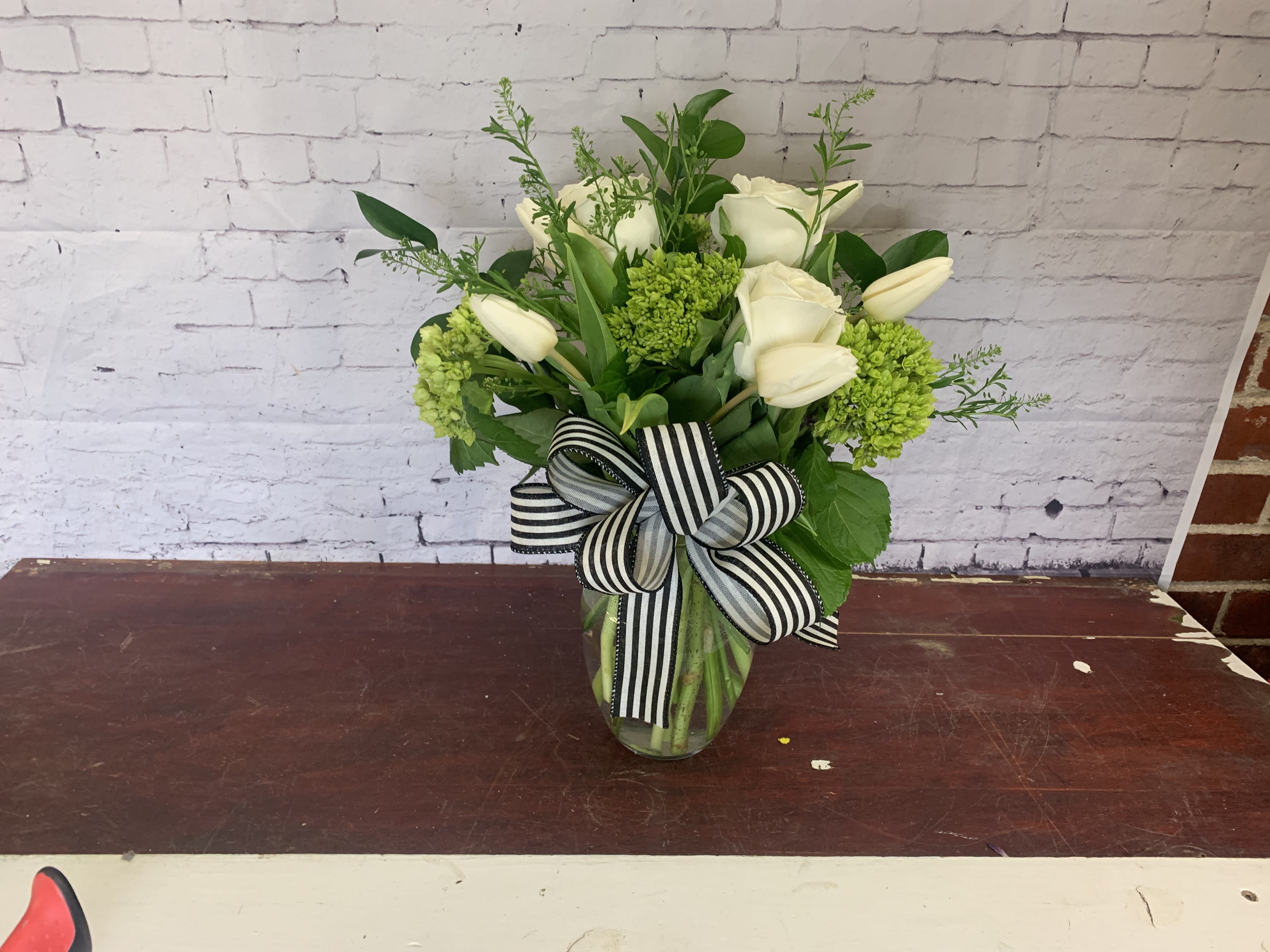 Simplicity  - Simple white and greens in a clear vase 