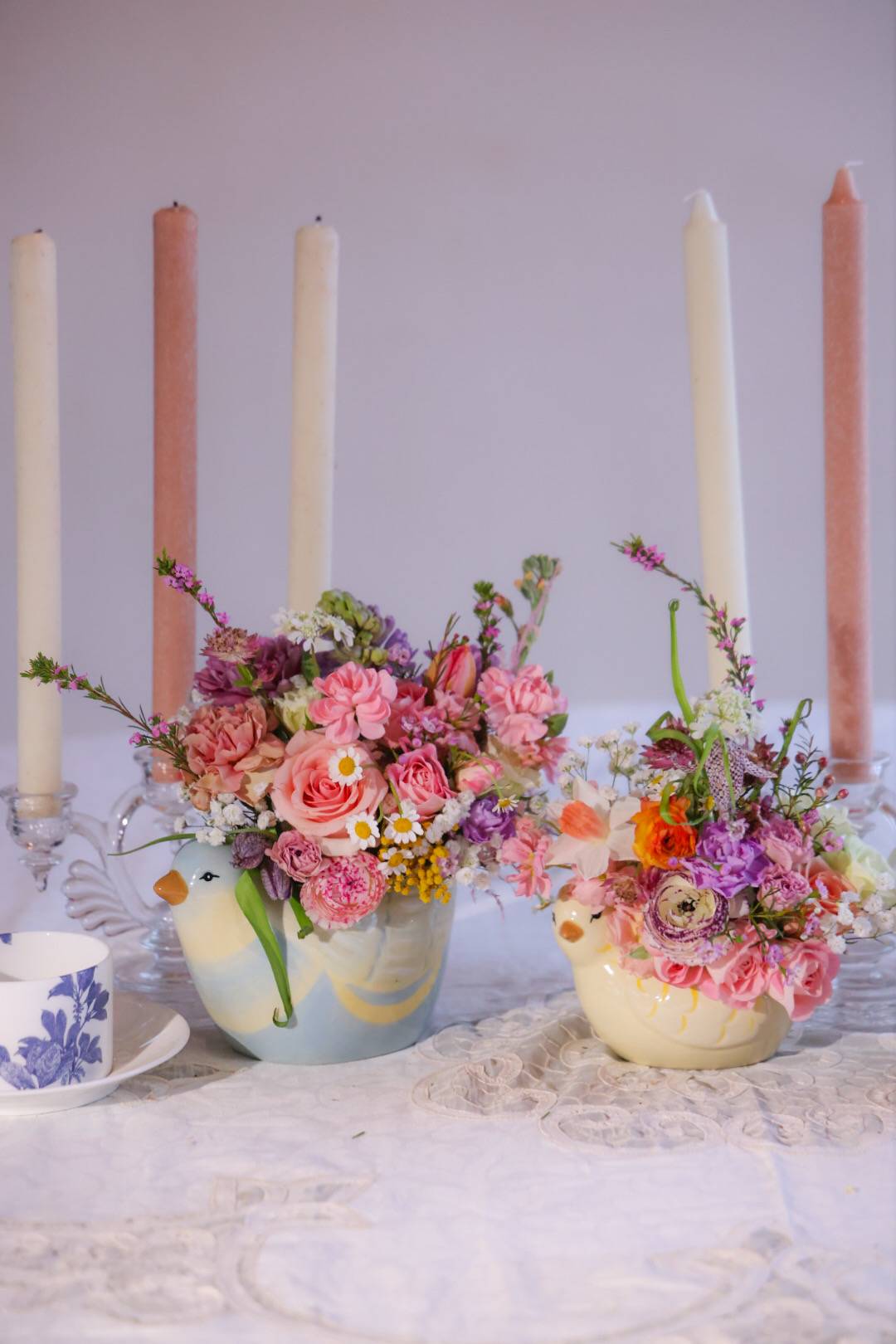 Mother Love Arrangement Pair - Shop our full collection on our fine art floral studio, direct website: www.leafsongfamilyfarm.com or call us at 207-342-2613.   Mother Love Arrangement Pair. Mother hen &amp; chick carry Spring floral arrangement blessings. Brighten your favorite nurturer's day with this sweetest pair. One of a kind by floral designer Stacy Leafsong Arrangements will be delivered by 7pm, for a specific delivery time please include in special instructions. On holidays, our busiest times, deliveries will be made by 7:30pm.