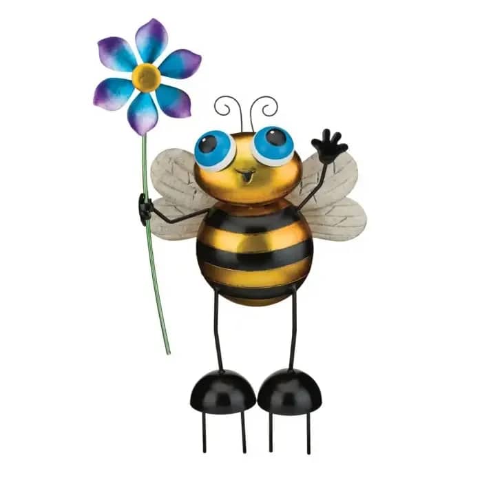 backyard spinner bee stake - This happy Bee holds a flower that spins in the slightest wind from ball bearings. The vivid metallic paint glistens in the sun. Product details  • Dimensions: 15.8 x 3.5 x 25 in (40 x 8.9 x 63.5 cm)