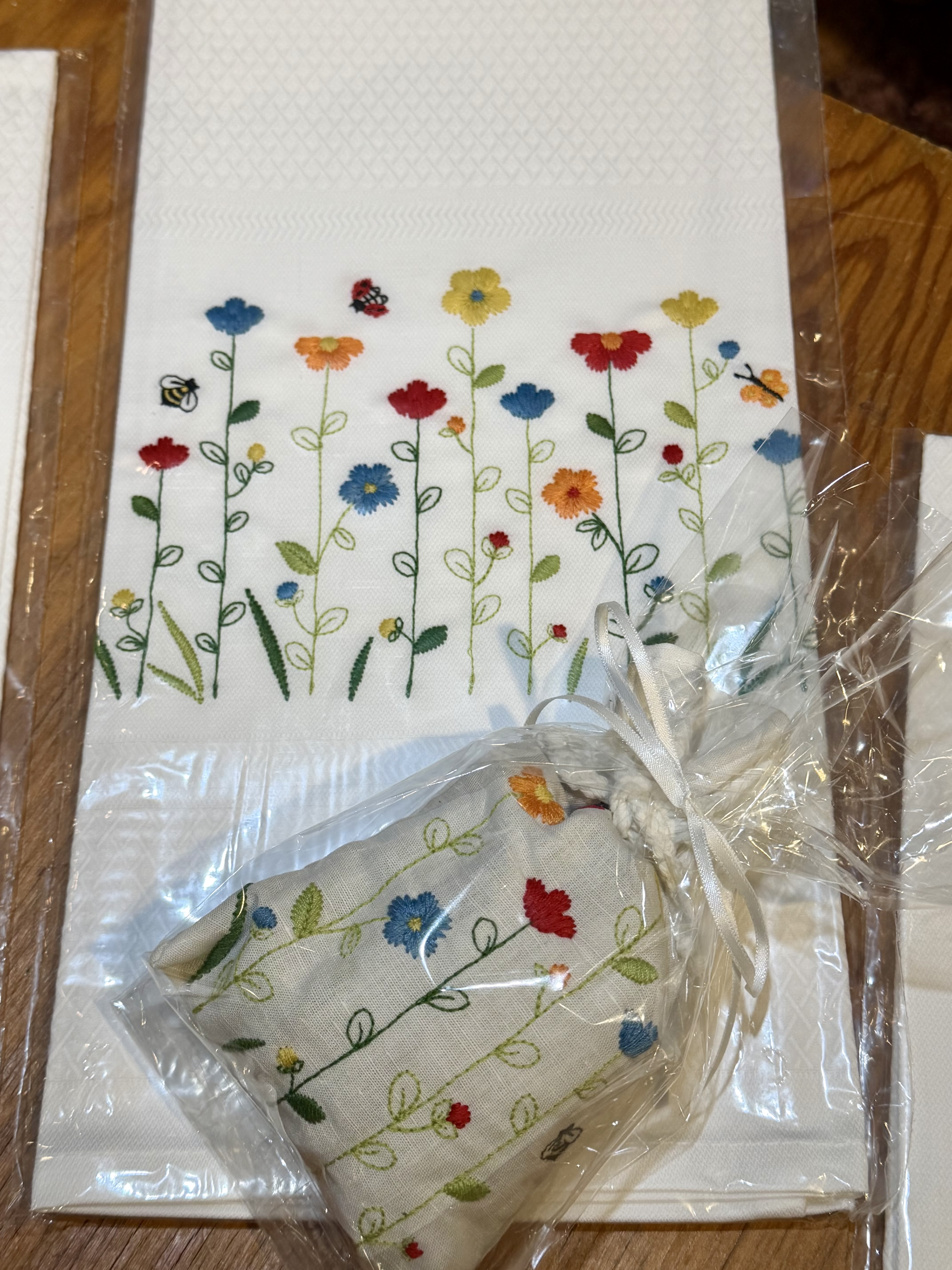 Floral Embroidered Sachets &amp; Tea Towels - Embroidered Floral on an elegant white cotton towel (20x28") paired with a matching sachet, making it a beautiful gift. Made in Portugal.