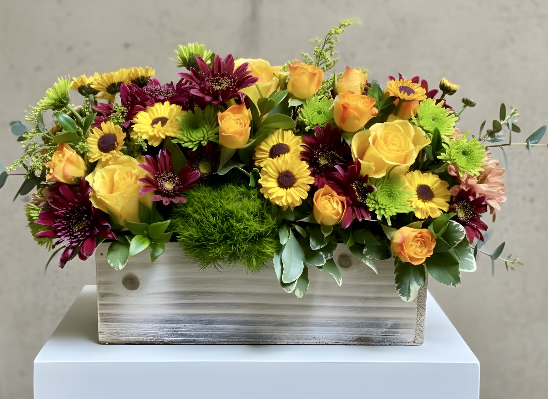 Colorful Birthday Flower Box  - Long and Narrow Flower Box Arrangement of roses, mums, daisies, accent florals and greens.  COLORS AND FLOWERS MAY VARY DEPENDING ON SEASON AND AVAILABILITY 