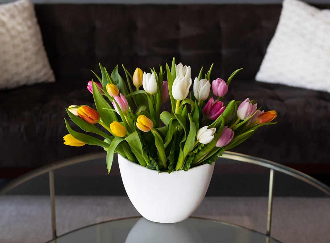 Tuileries Garden - Designed to resemble the rows of tulips in Tuileries Gardens just outside the Louvre in Paris. Dutch tulips in white, yellow, orange, light pink and deep pink with accents of sword fern.  Stunningly simple and perfect for any occasion. An Ideal gift for a birthday, anniversary, Mother's Day, or a little something to brighten the house. Or send to a friend - just because you're thinking of them.    Arrangement is approximately 10" tall and 14" wide. Ceramic white boat vase. 