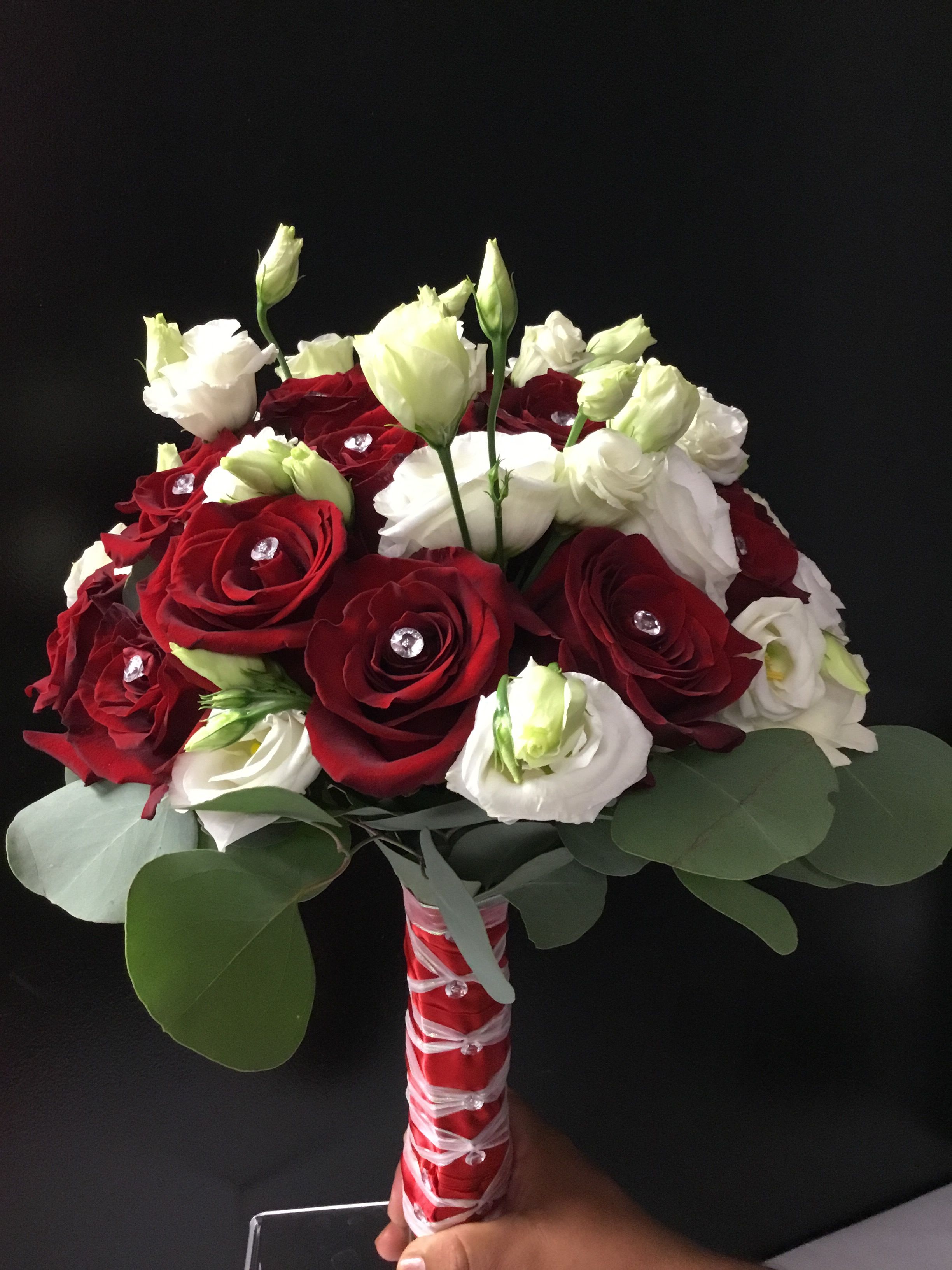 red bridal bouquet  - red roses with white licianthus 