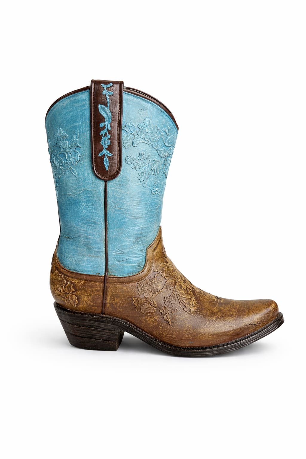 Cowboy Boot Shape Resin Vase - Unique cowboy boot shaped vase featuring a blue upper and brown embossed detail for a rustic western look. Perfect for decor or adding a country touch to any space. It's a fun accent piece that can be displayed anywhere. 