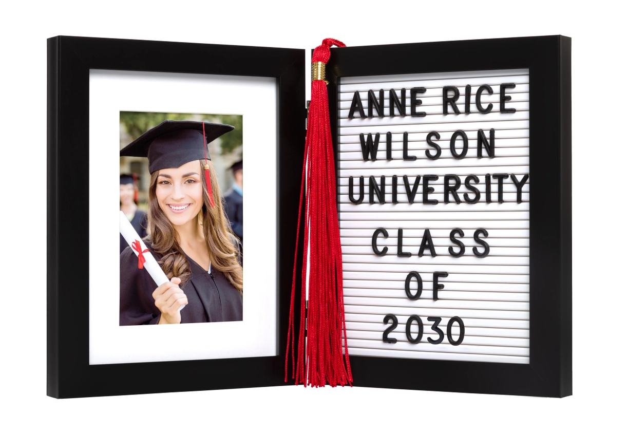 Graduation Tassel Letterboard Photo Frame - Included with this stylish black and white standing frame are 170 letters, numbers, and symbols for personalization. There's a hook in back to display tassel. Write any message, whether it’s the date of their graduation, school name, or a message of good luck. 9” H x 14” W x 1” D; Photo insert: 6” H x 4” W