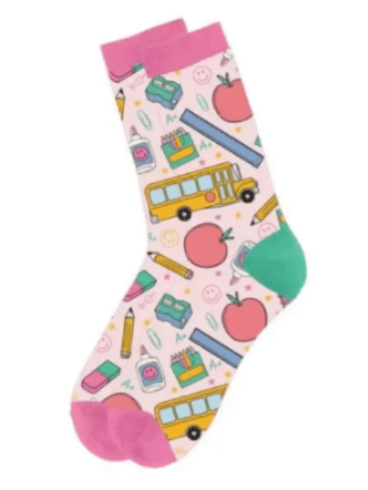 Fun Teacher Socks - Comfy pink socks featuring school inspired designs. Perfect for adding personality to any outfit. 