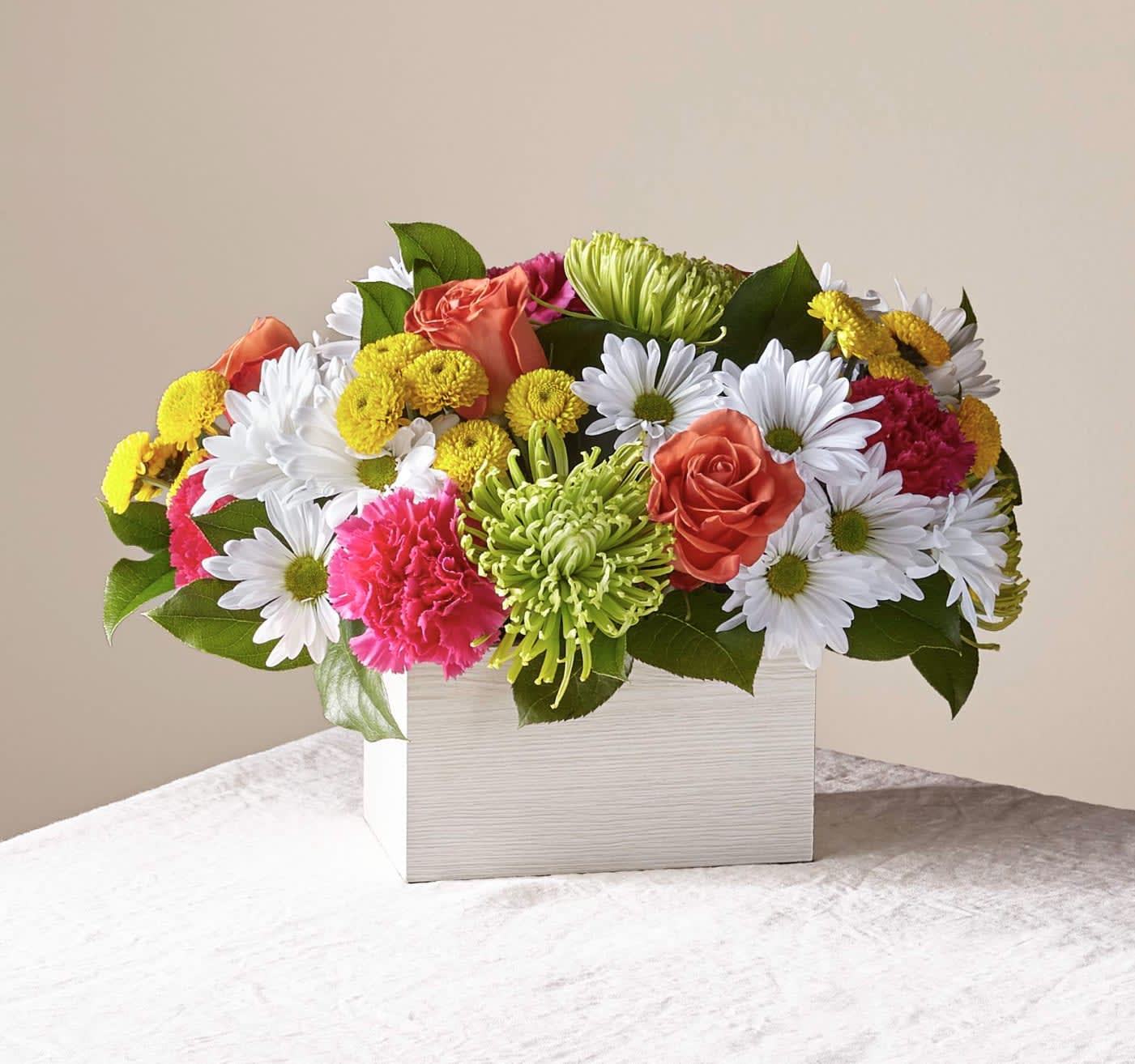 Sorbet Bouquet - What's the scoop on this bright arrangement. Well, our Sorbet Bouquet is curated with a full serving of freshness and fragrance by our local florists to make anyone's day sweeter. This design features roses, spider mums, carnations and poms in a whitewashed wooden box.
