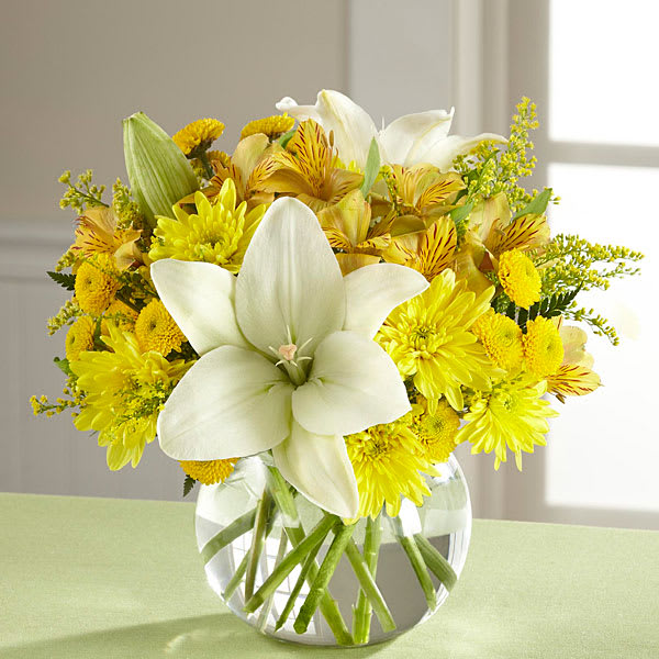  Your Day Bouquet (FTD) - Make today their special day lit with sun-kissed blooms and happy surprises. White Asiatic Lilies stretch their clean star-shaped petals across a bed of yellow Peruvian Lilies chrysanthemums button poms and solidago accented with lush greens presented in a clear glass bubble bowl vase to create a flower bouquet blooming with warm wishes at every turn. A memorable thank you birthday or get well gift! GOOD bouquet includes 13 stems. Approx. 9"H x 10"W. BETTER bouquet includes 17 stems. Approx. 10"H x 11"W. BEST bouquet includes 19 stems. Approx. 14"H x 14"W.