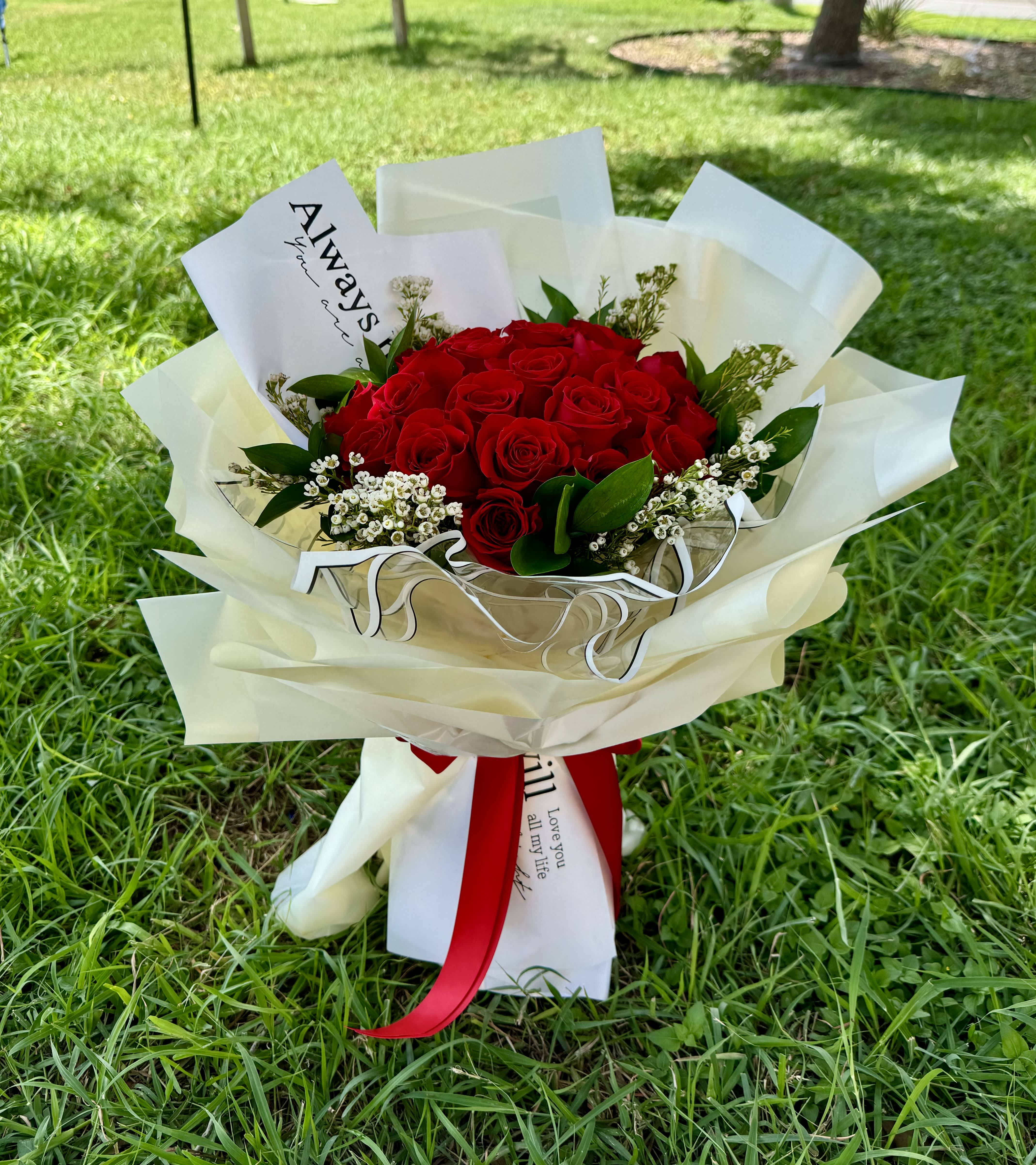 I Will Always Love You Bouquet - 2 Dozen Red Roses with white wax.