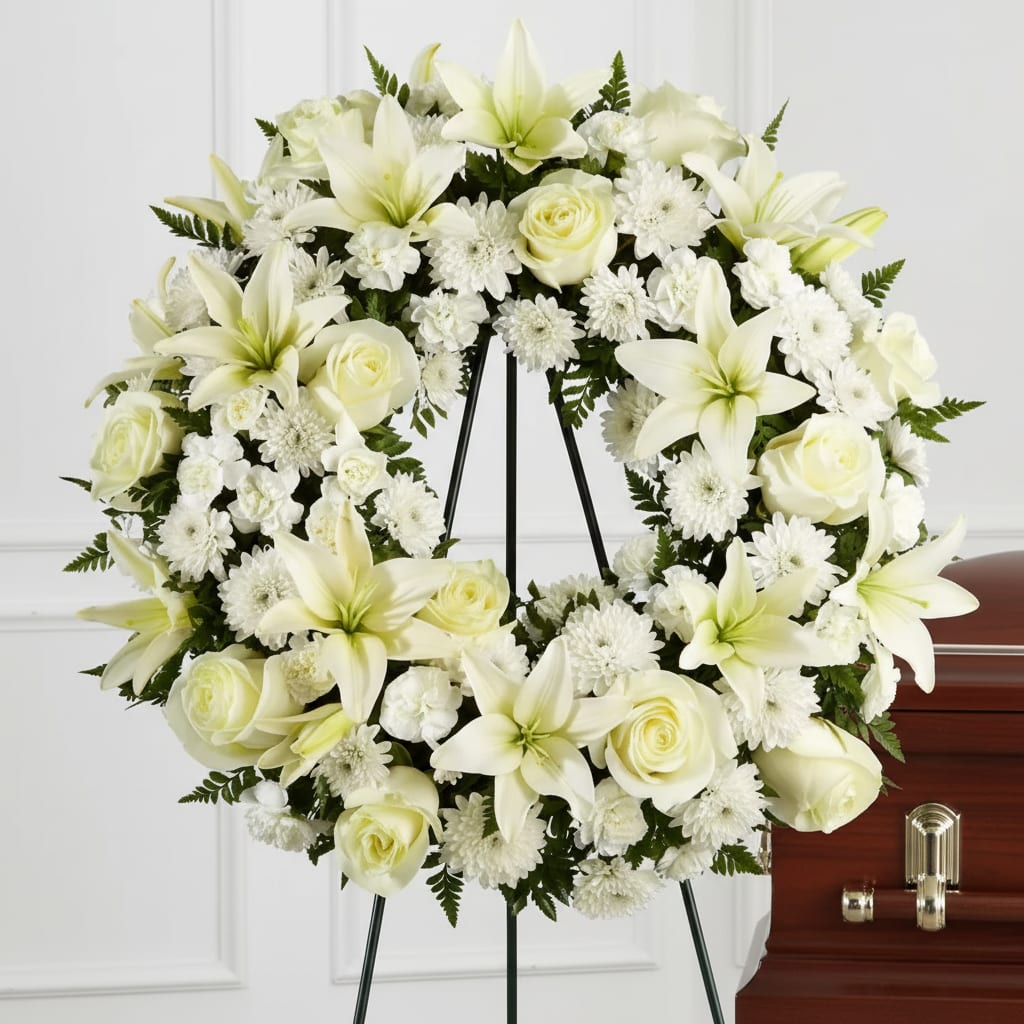 Treasured Tribute Wreath - The Treasured Tribute Wreath offers peaceful wishes of heartfelt sympathy with each delicate bloom. Bright white roses, Asiatic lilies, mini carnations and cushion poms are beautifully arranged to form an elegant wreath accented wth lush and vibrant greens. Displayed on a wire easel, this gorgeous tribute is a wonderful symbol of eternal life and sweet serenity.  The scale of the arrangement should determine the type of substitution acceptable, but the substitution must be of equal or greater value and must maintain the style and color harmony of the original order