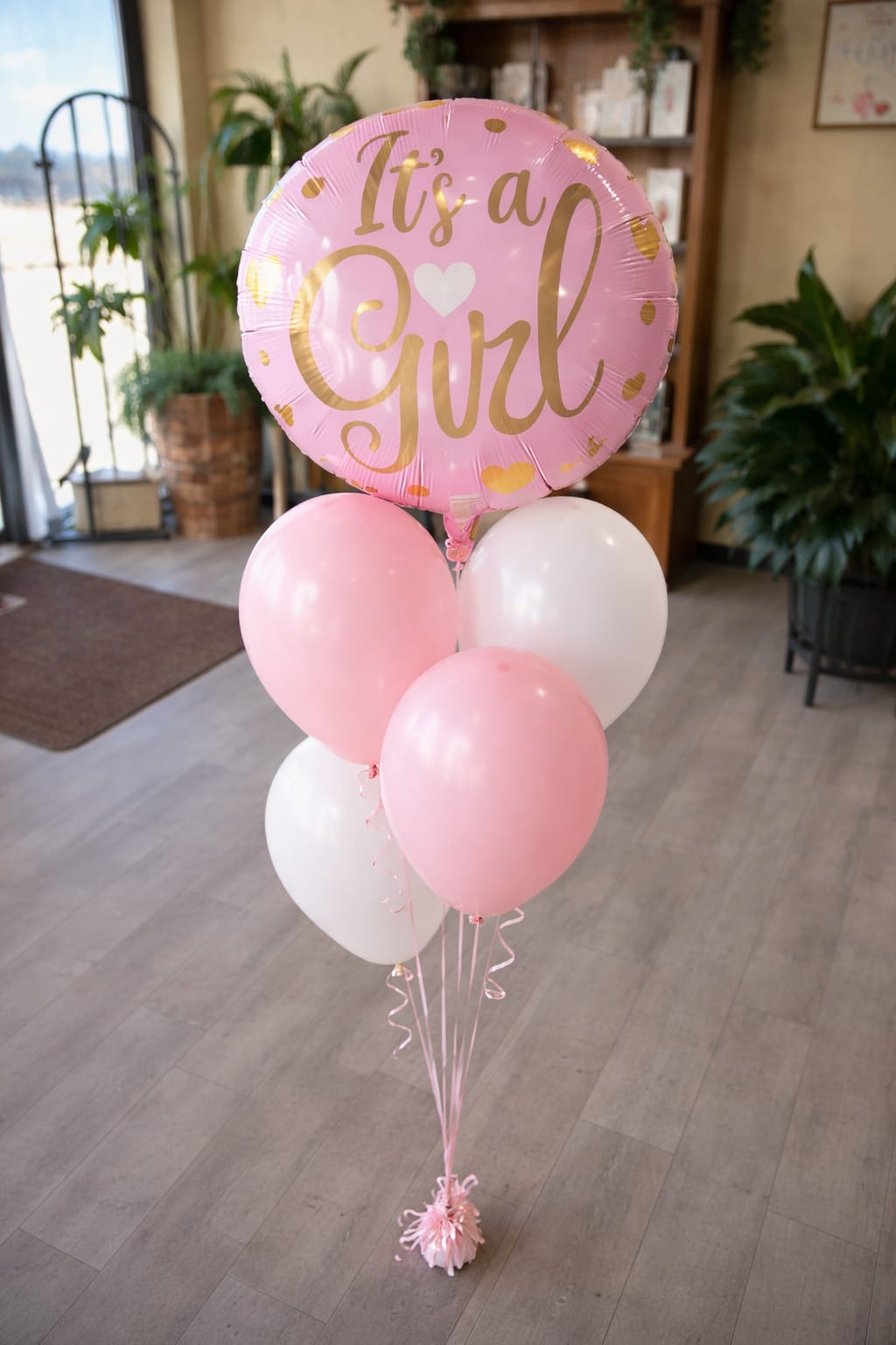 It's A Girl Pink Heart Balloon Bouquet - 18 in Mylar Helium Inflated and 4 latex Balloons