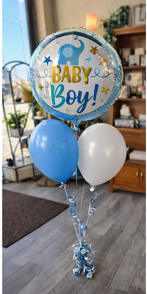 Baby Boy Blue Elephant  Balloon Bouquet - 18 in Mylar Helium Inflated and 3 latex balloons