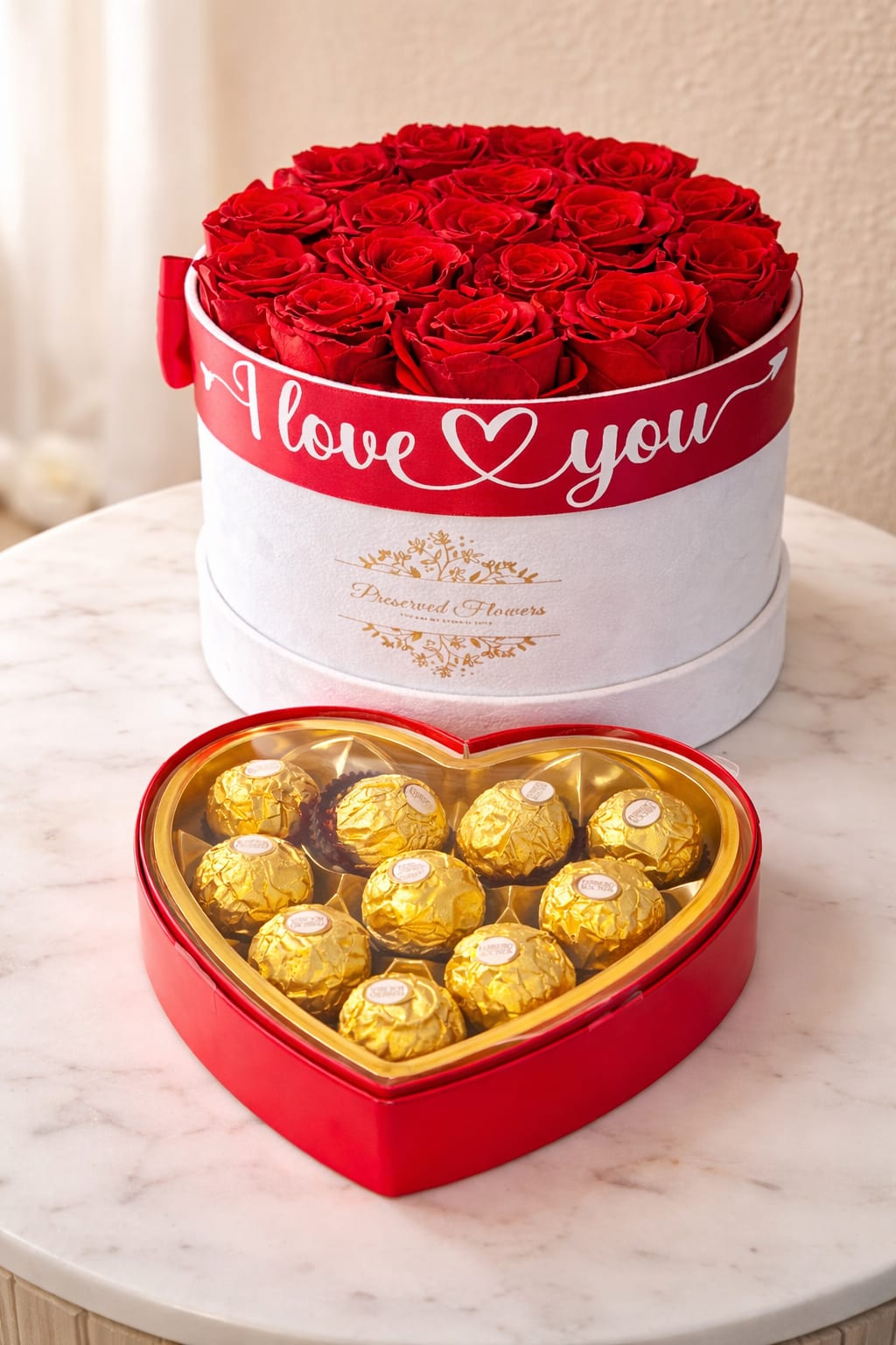 The Forever Love Collection - An unforgettable luxury gift featuring premium preserved red roses elegantly arranged in a keepsake hat box, wrapped with a romantic “I Love You” ribbon. These real roses are professionally preserved to maintain their beauty for months — sometimes years — with no watering required. Paired with a heart-shaped gourmet chocolate box, this collection is the ultimate expression of deep love and devotion. Perfect for anniversaries, proposals, Valentine’s Day, or milestone celebrations. This is not just flowers — this is a lasting memory.