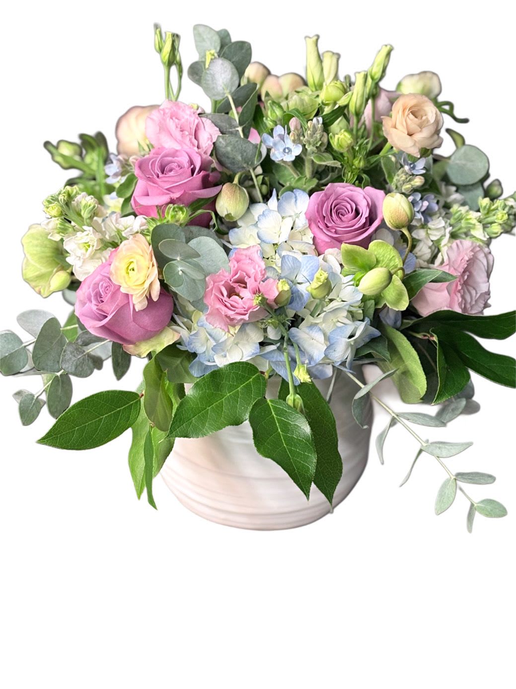 Lavender Shimmer  - A soft spring lavenders and blues accented with pink and green flowers 
