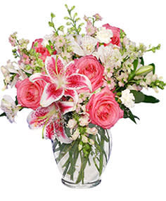 Pink &amp; White Dreams  - Surprise someone you love with this dreamy arrangement! Perfect for the one who has it all, this radiant bouquet features beautiful Stargazer lilies, white alstroemeria, pink snapdragons, pink roses, pink larkspur, and white mini carnations. Pink &amp; White Dreams will make any space feel warm and inviting!  Includes: Inch Ginger Jar Vase,  foliage: Salal Tips,   Stargazer Lilies,   White Alstroemeria,   Pink Snapdragons,   Pink Roses,   Pink Larkspur,   White Mini Carnations.  