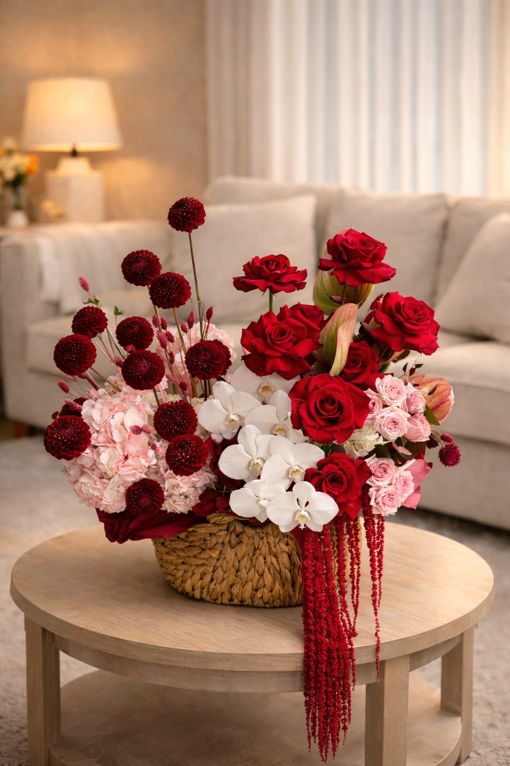 Jardin de Velours - This luxurious red and blush flower arrangement is designed in a handwoven basket and styled in an elegant garden composition. Featuring premium red roses, white orchids, burgundy scabiosa, soft pink hydrangeas, blush spray roses, and cascading amaranthus, this design creates a dramatic yet refined statement. The balanced structure and rich textures make it perfect for romantic occasions, anniversaries, and upscale home décor