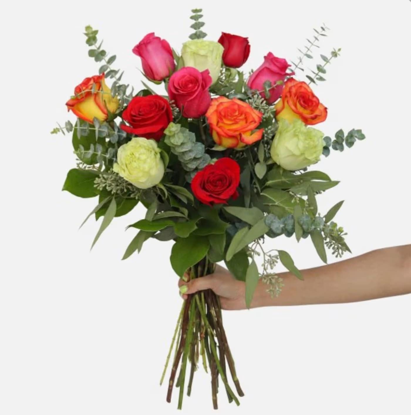 1 Dozen Multi Color Roses in a Bouquet - Multi Colored Roses Bouquet filled with eucalyptus and salal (no vase)