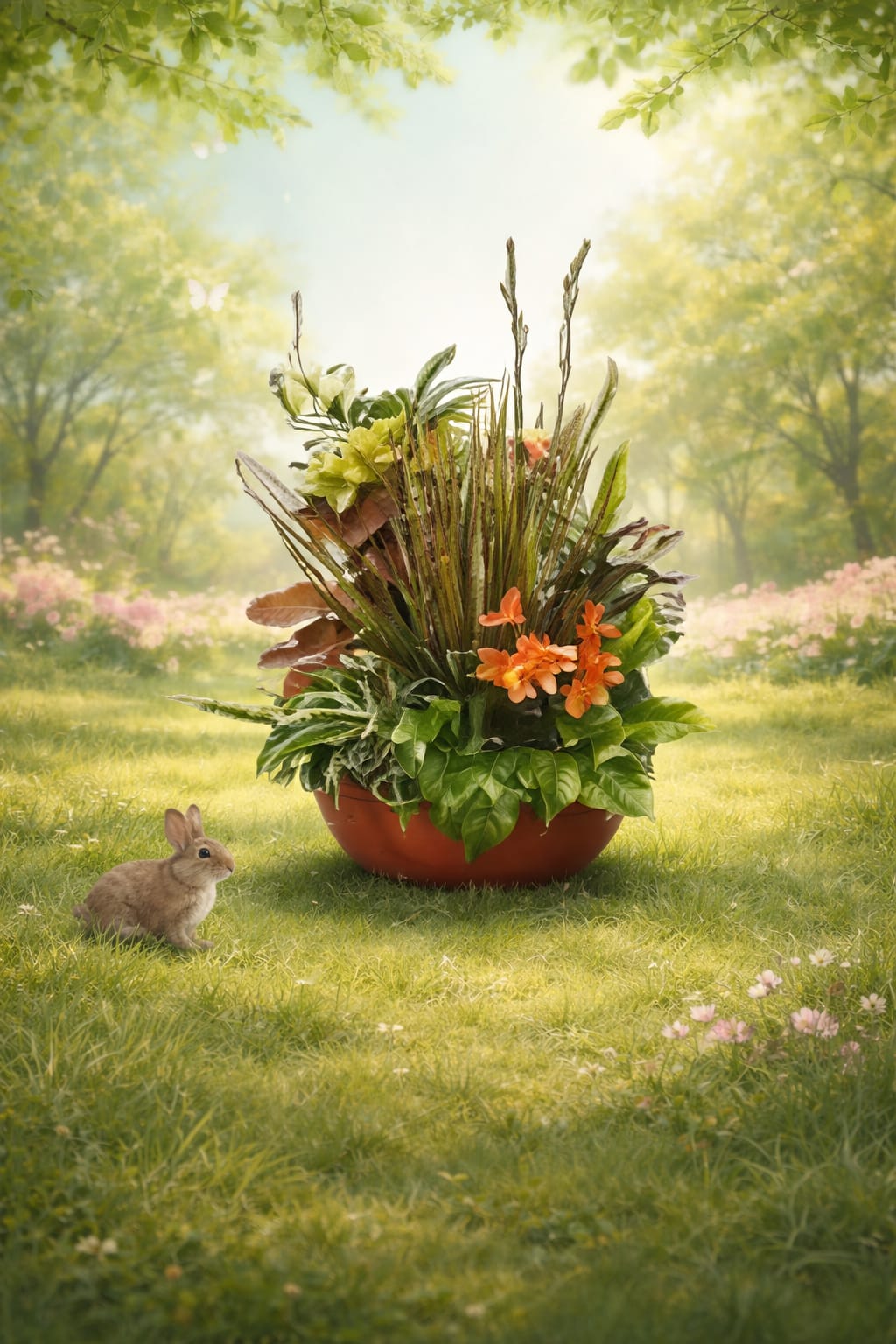 K401  Large Dish Garden - Send a touch of natural beauty with this splendid mix of lush foliage plants, freshly sourced from the renowned greenhouses of central Florida. Lovingly arranged in a stylish container, this piece is further enhanced with vibrant fresh-cut flowers, adding a pop of color to create an irresistible blend of greenery and blooms.  Designed to last, this arrangement is as practical as it is beautiful, offering enduring charm for any space. The DELUXE version, as pictured, showcases a fuller, more opulent display, perfect for making a lasting impression. Ideal for gifting or elevating your home décor!