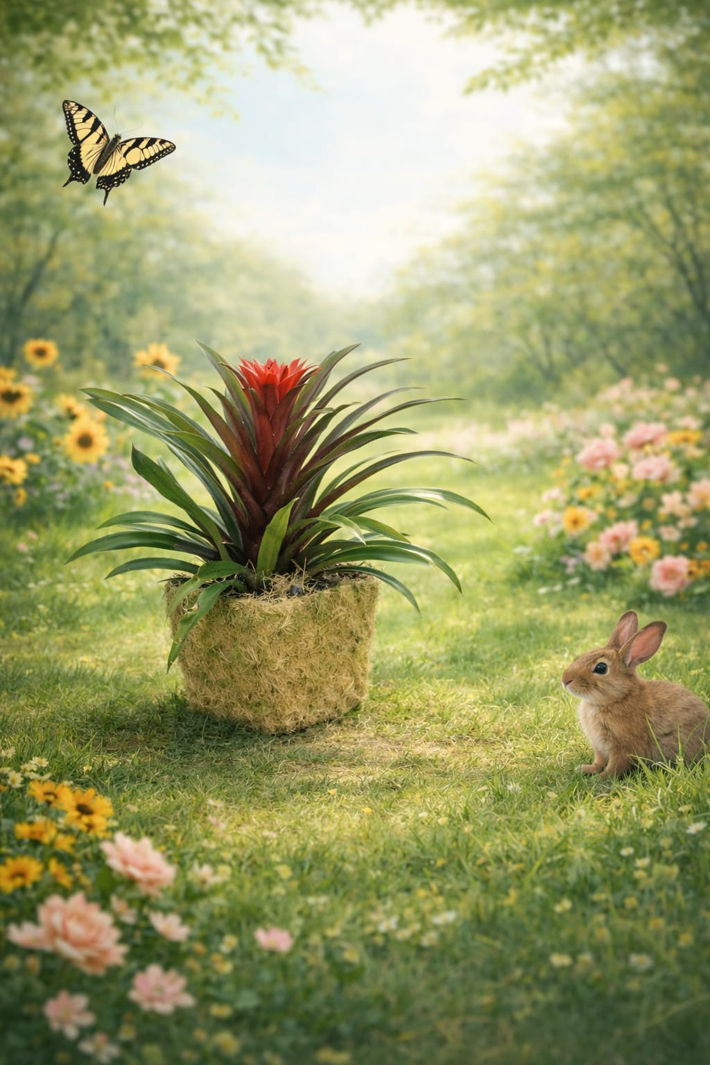 K409  Bromeliad Planter - Experience the vibrant beauty of these long-lasting tropical plants, perfect for enhancing any space. Enjoy their stunning blooms for 2 to 4 months, adding a splash of color to your surroundings. Each arrangement is thoughtfully combined to create the most visually appealing presentation, ensuring a unique and captivating display every time.