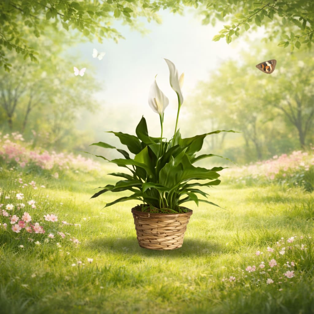 Spathiphyllum or Peace Lily  - The most popular house plant ever, easy to care for, looks great all the time, has lovely upright flowers in the brighter months and long green glossy leaves. It's  hard to send a better plant. It comes in 3 sizes, 6" container about 18 to 24 inches tall, 8" container usually 26 to 30" tall and 10" container 30 to 36+" tall. Comes in a basket with a deep hard liner. Sometimes the plant is in between flowers  because of low sunlight conditions. As the days get longer the plant will staert to throw out more flowers. 