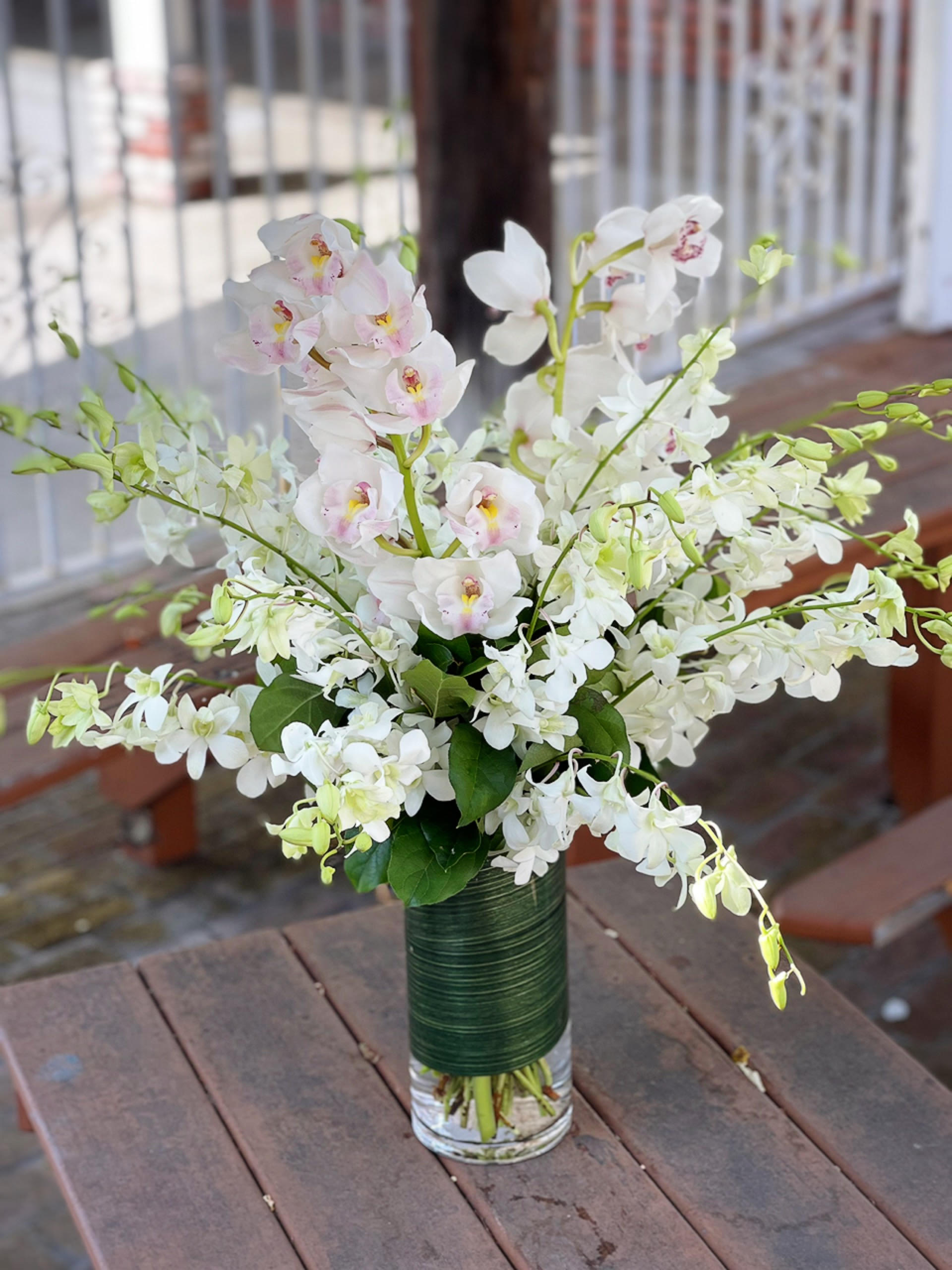 You Are Loved - - 20 Stems White Dentrobium Orchids - 2 Stems Cymbidium Orchids - 4 x 12 Inches Cylinder Vases - Greenery