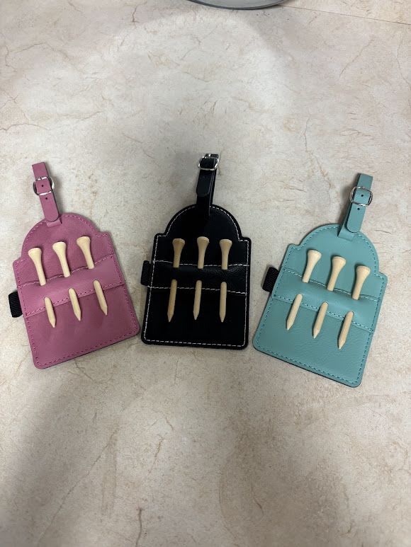 Laserable Leatherette Golf Bag Tag with 3 Wooden Tees - Laserable Leatherette Golf Bag Tag with 3 Wooden Tees Can be engraved on the front and back with any design. 