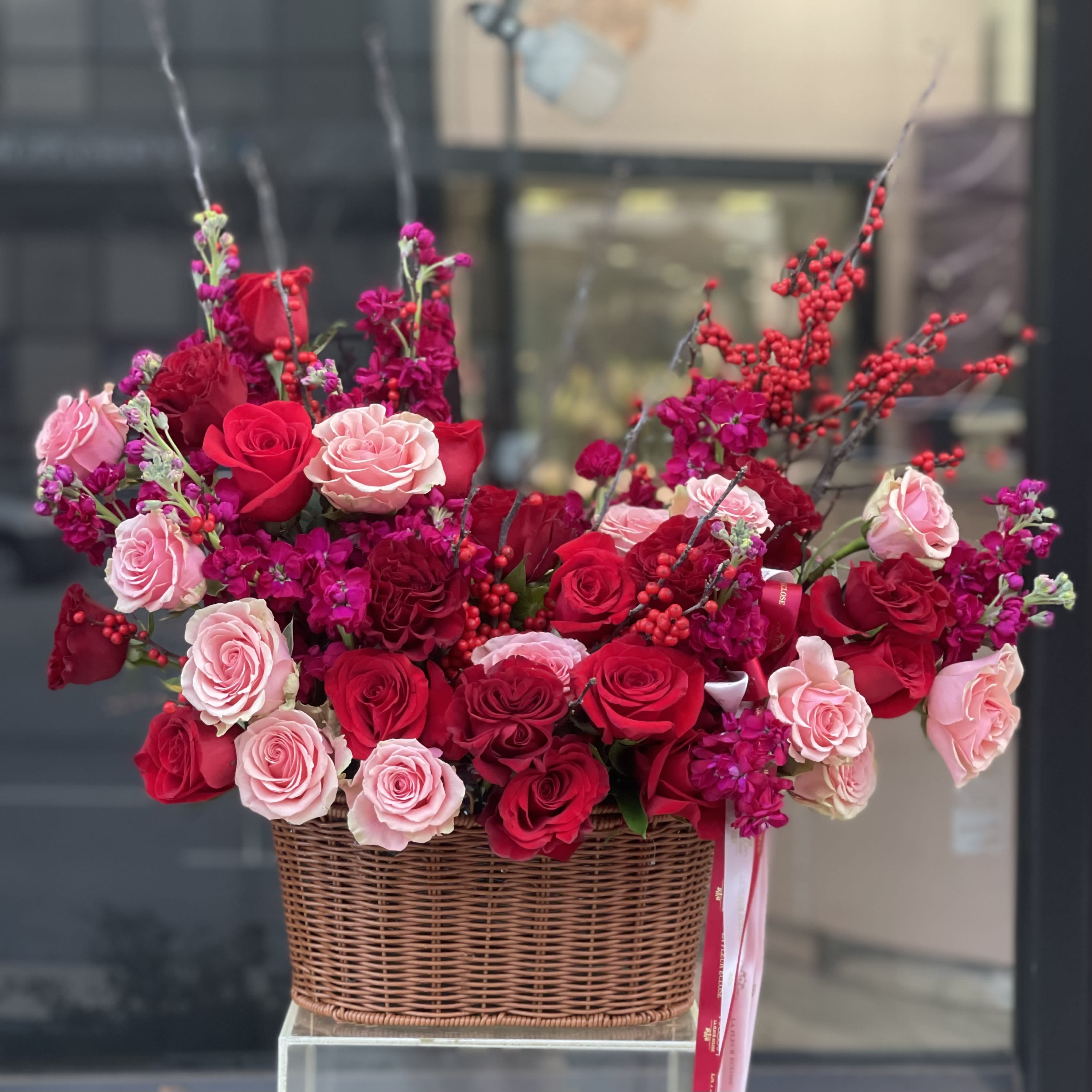 Basket Of Passion - Spring mix in a basket. Single sided bouqet. 