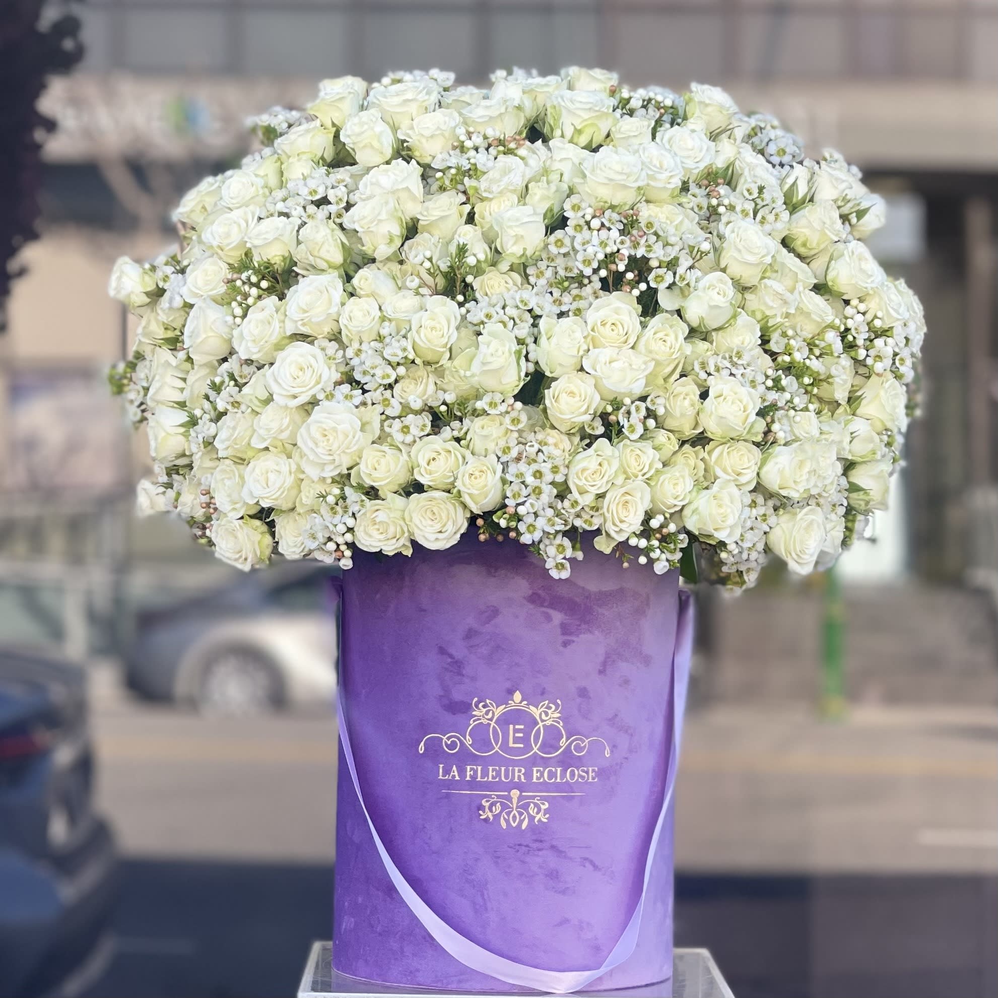 Lavender White Beauty - Fresh Spray Rose Mix in a Lavender Velvet Box