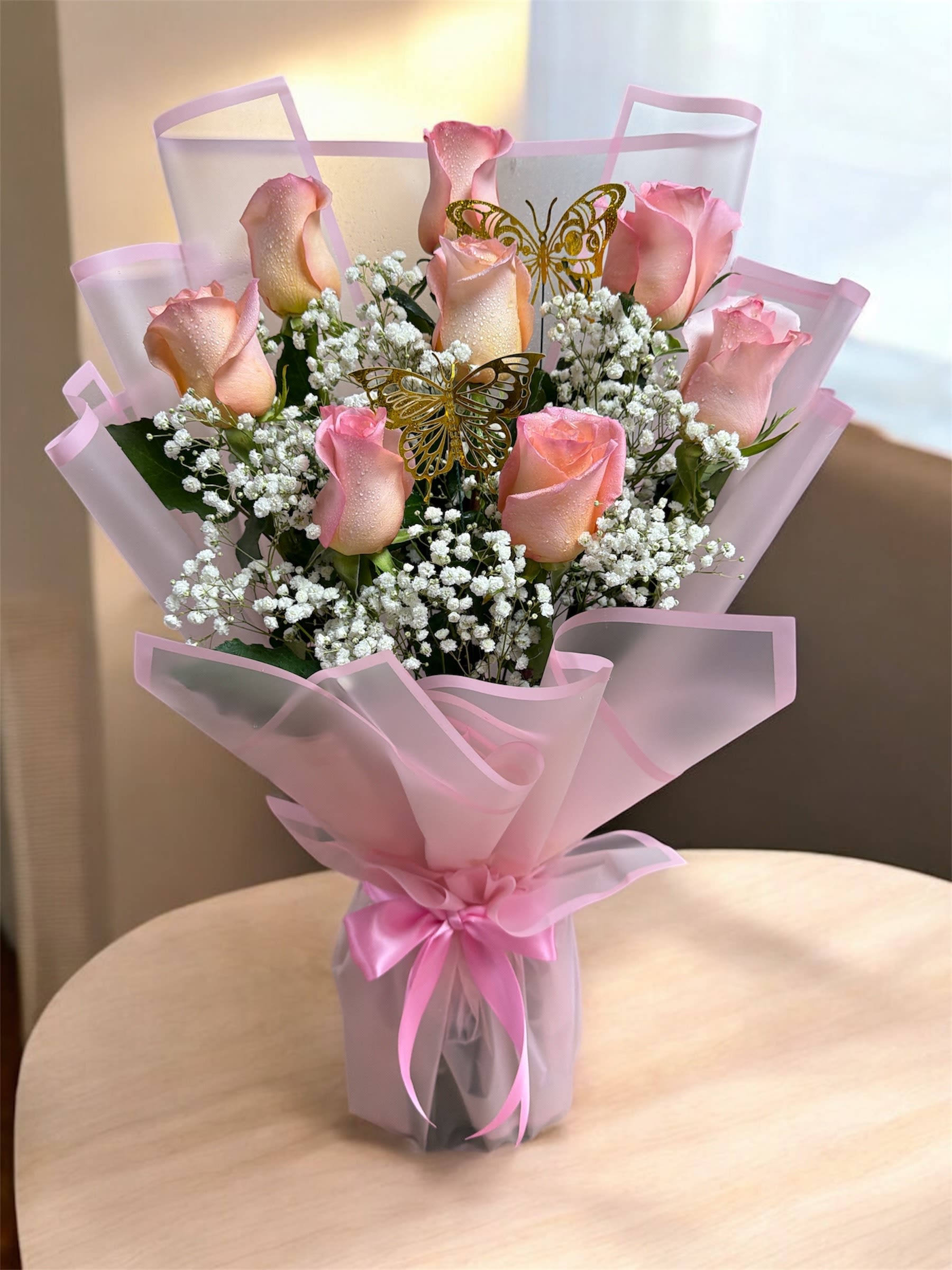 Sweet Pink - Beautiful arrangement of Pink Roses with oasis foam wrapped in Korean paper .