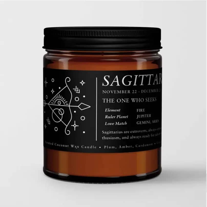 Zodiac / Birthday Candle  Sagittarius (11.22 - 12.21) - Zodiac candles are the perfect gift all year round. Our Zodiac candles feature a unique scent for each element group.  Sagittarius (Nov. 22 - Dec. 21)  The Scents 1. Fire Signs (Aries, Leo, Sagittarius): A mix of strong and seductive aromas, passionate dark plum is paired with inspiring sea salt and elements of bold, musky amber.  2. Earth Signs (Taurus, Virgo, Capricorn): Uplifting notes of fresh greens with mossy wood, rosemary and eucalyptus. 3. Air (Gemini, Libra, Aquarius): Appealing blend of tart currant with sweet lemon peel and spicy geranium, juniper and peppermint.  4. Water (Cancer, Scorpio, Pisces): Sensual notes of sea minerals of balanced with alluring light musk and amber.  Expect the best. We hand-pour every candle in our California studio and strictly use the finest quality ingredients. The result is a Premium Scented Candle that burns cleaner, longer and stronger, for truly room filling aromas.  Natural Coconut-Apricot Wax Blend Aroma Oils that are free from carcinogens, reproductive toxins  Details  •  Made in United States •  Dimensions: 2.9" w x 3.5" h 
