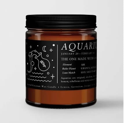 Zodiac / Birthday Candle Aquarius (1.21 - 2.19) - Zodiac candles are the perfect gift all year round. Our Zodiac candles feature a unique scent for each element group. Aquarius (Jan. 21 - Feb. 19) The Scents 1. Fire Signs (Aries, Leo, Sagittarius): A mix of strong and seductive aromas, passionate dark plum is paired with inspiring sea salt and elements of bold, musky amber.  2. Earth Signs (Taurus, Virgo, Capricorn): Uplifting notes of fresh greens with mossy wood, rosemary and eucalyptus. 3. Air (Gemini, Libra, Aquarius): Appealing blend of tart currant with sweet lemon peel and spicy geranium, juniper and peppermint.  4. Water (Cancer, Scorpio, Pisces): Sensual notes of sea minerals of balanced with alluring light musk and amber.  Expect the best. We hand-pour every candle in our California studio and strictly use the finest quality ingredients. The result is a Premium Scented Candle that burns cleaner, longer and stronger, for truly room filling aromas.  Natural Coconut-Apricot Wax Blend Aroma Oils that are free from carcinogens, reproductive toxins  Details  •  Made in United States •  Dimensions: 2.9" w x 3.5" h