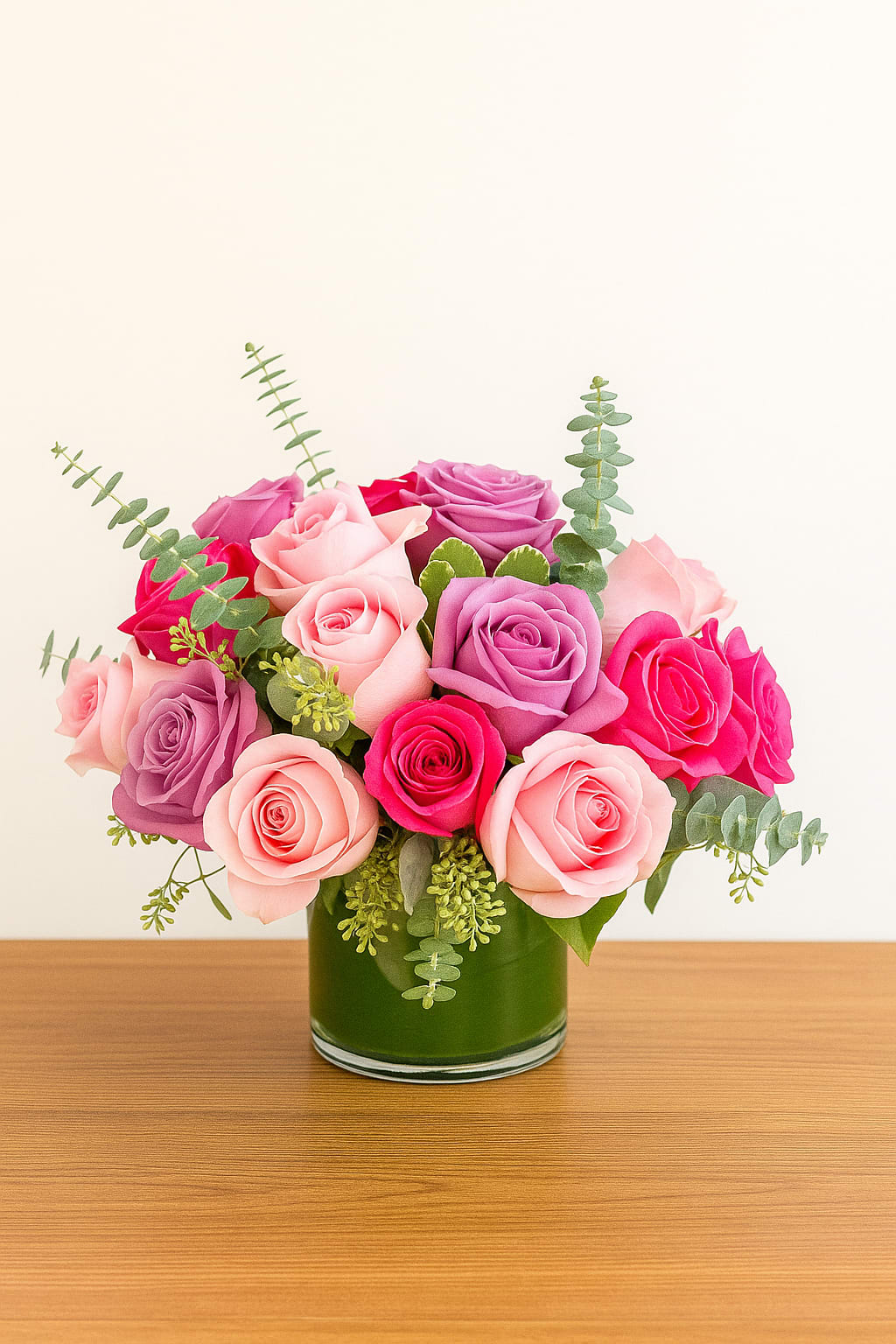 Modern Pink and Purple Roses - Chic and romantic, Modern Pink and Purple Roses blends soft blush, lavender, and vibrant hot pink blooms into a stunning contemporary arrangement. Designed in a sleek glass vase with fresh eucalyptus accents, this bouquet brings timeless beauty with a modern edge — perfect for birthdays, anniversaries, or simply brightening someone’s day.  Elegant. Feminine. Designed with love in San Francisco by Polk Street Florist.