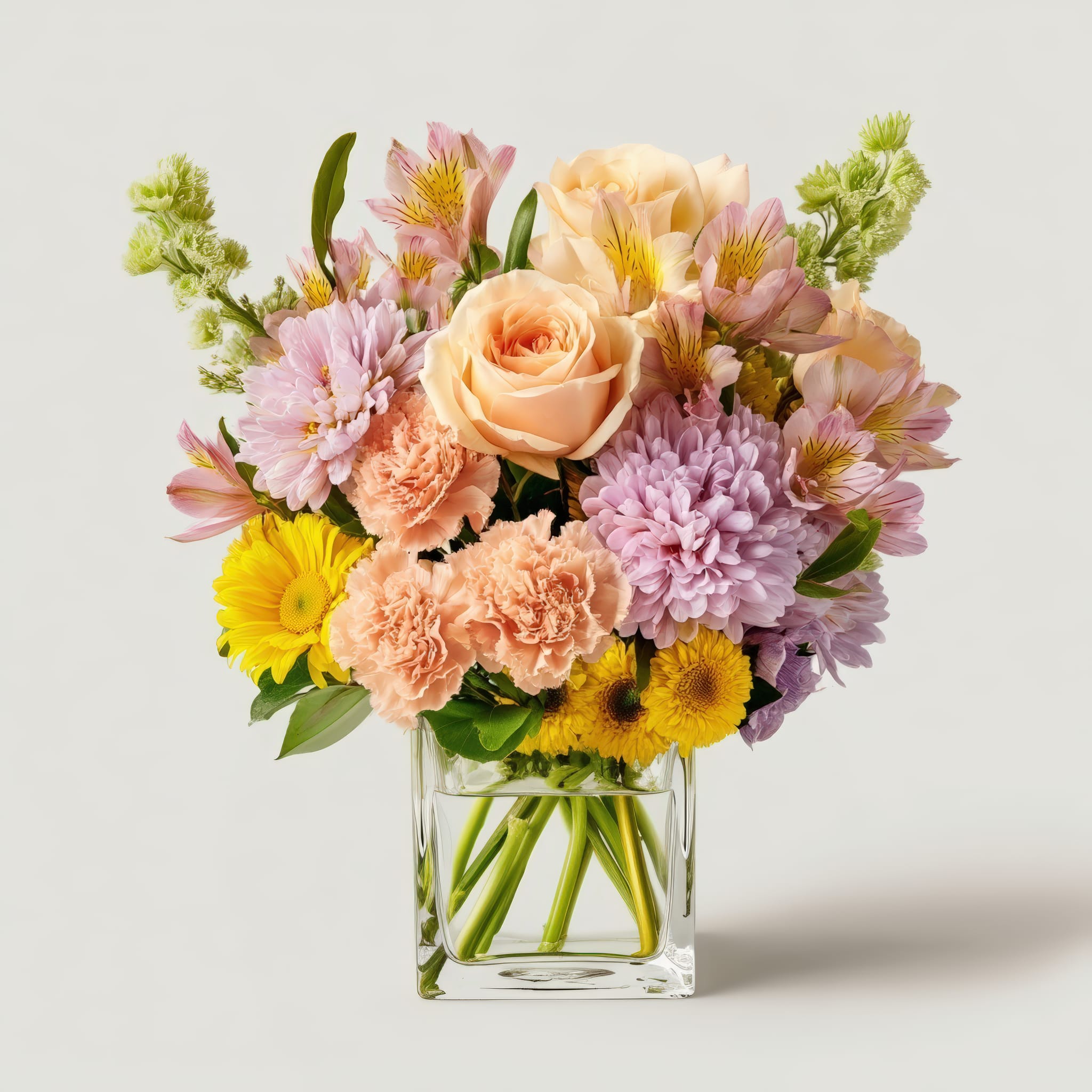 Spring Haze Bouquet - A tender medley of blooms in the season's sweetest shades handcrafted and designed in a clear glass cube vase.
