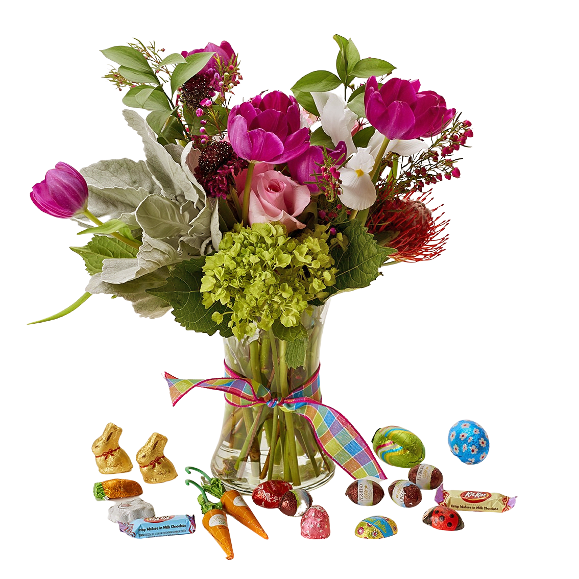 Easter Market Arrangement with Easter Chocolate - A lovely spring Easter market arrangement with a selection of assorted designer Easter chocolate (no low end supermarket product) 