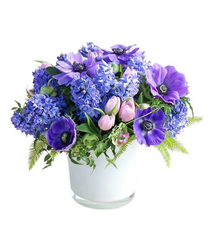 Springtime Blues arrangement - Lavender and Blue mixed flowers, arrangement can have Tulips, Hyacinth, Anemones and muscari, roses, Iris can be in this spring arrangement . Products used are subject to market conditions and can differ from actual flower shown. Optimal time is Jan-may