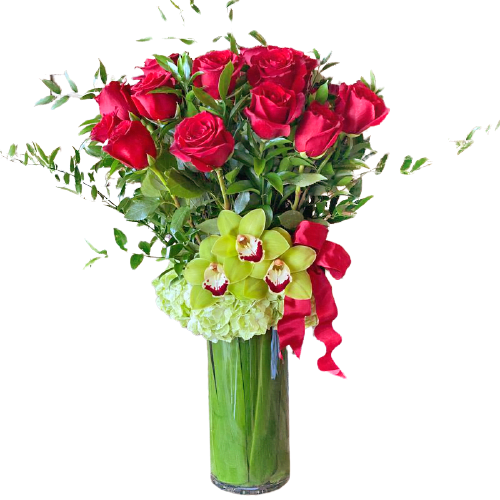 Long Stem Premium Red Rose arrangement with Orchids and Hydrangea - A deluxe edition of the Long Stemmed dozen red rose arrangement. One Dozen Red Roses, Hydrangea and Cymbidium Orchids make for a spectacular Display